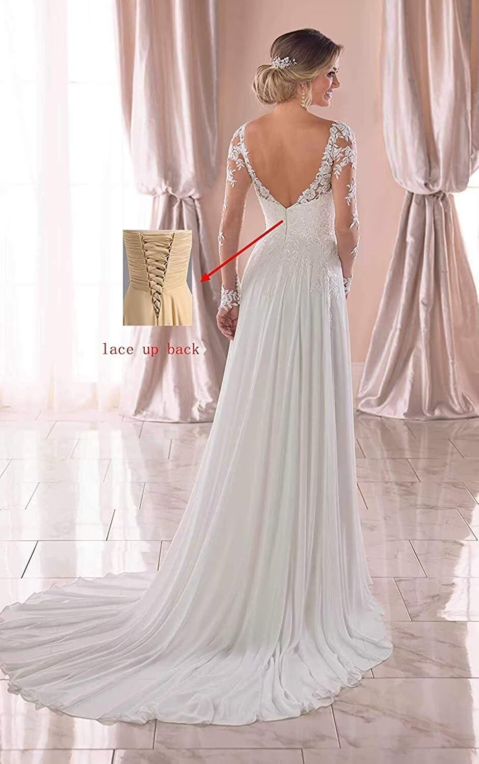 Clothfun Women's V-Neck Lace Beach Wedding Dress 2025 - Long Sleeve Chiffon Bridal Gown for Bride, Beach Ceremony & Destination Weddings