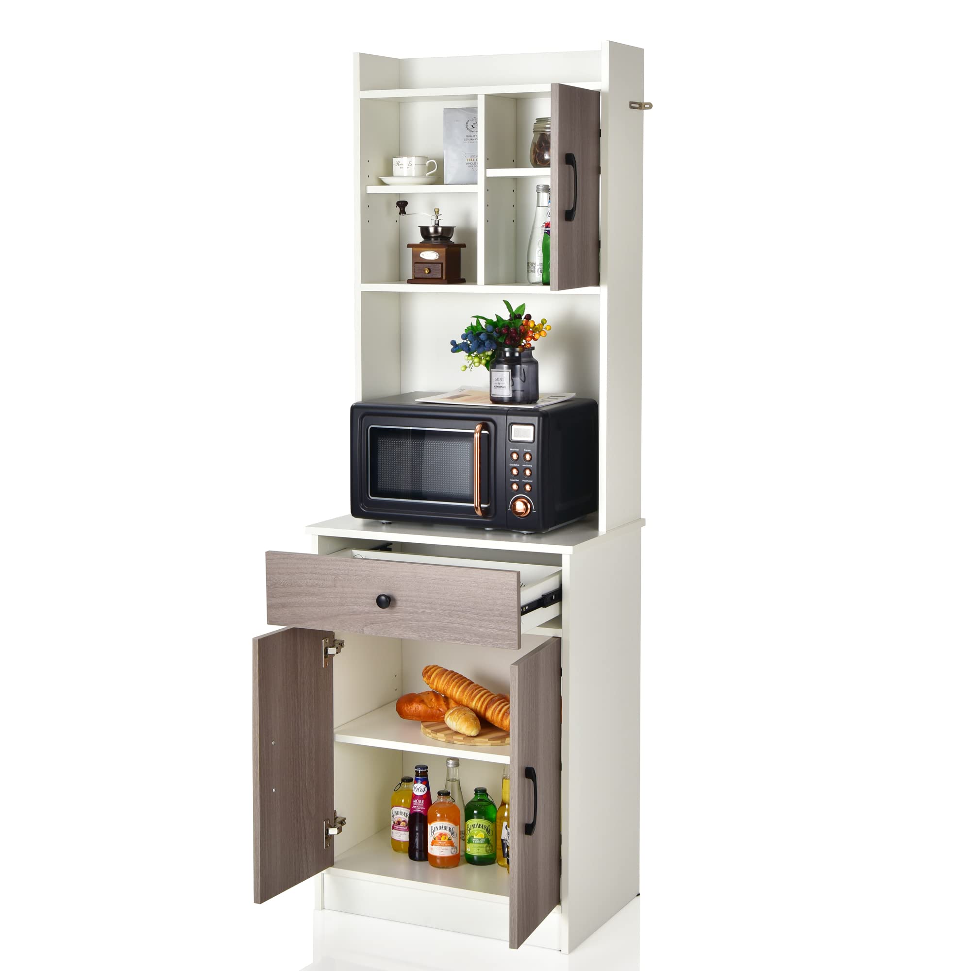 LOKO White Kitchen Pantry Storage Cabinet with Hutch, Doors & Shelves - Compact Microwave Stand & Drawers - 24