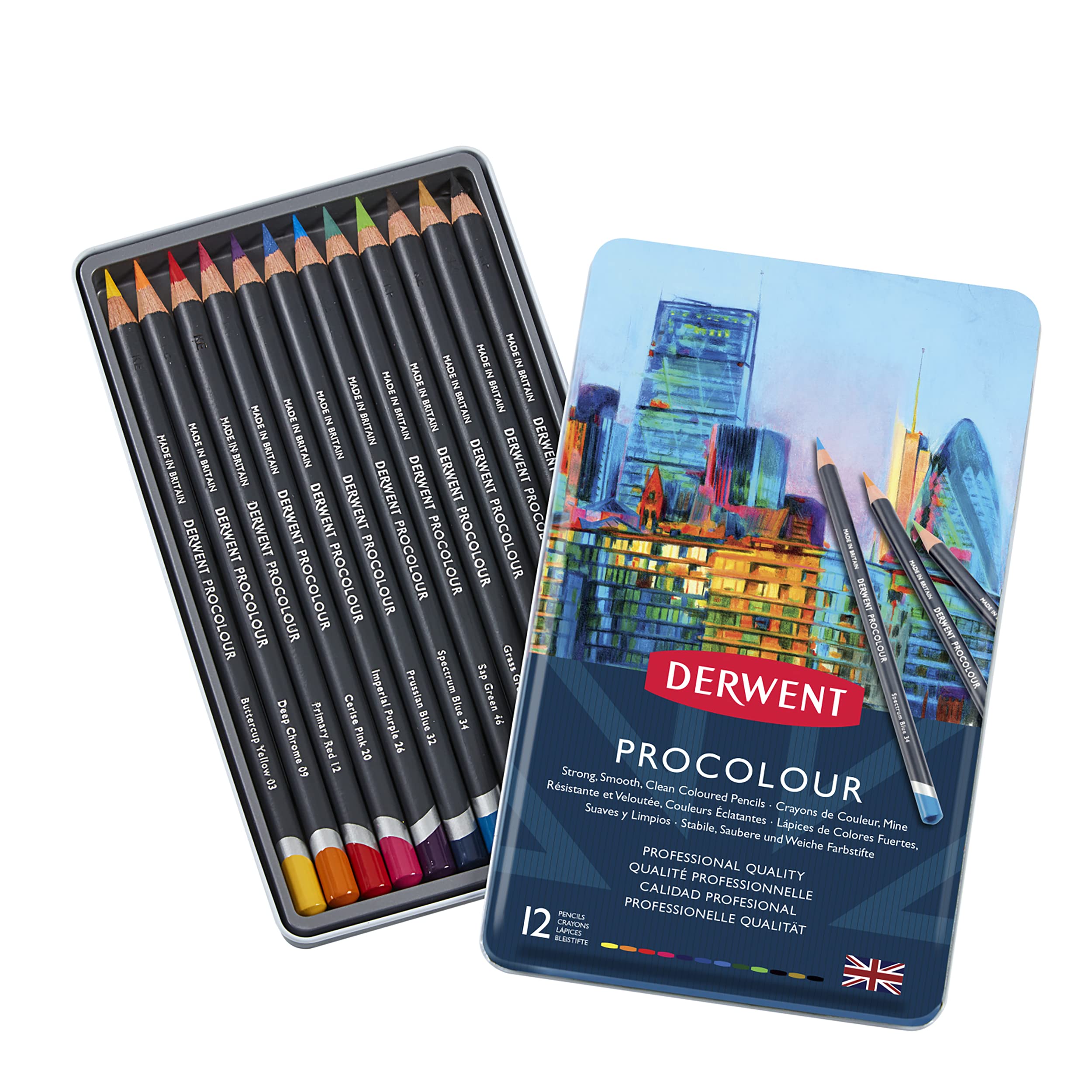 Derwent Procolour Colored Pencils Set - 12 Premium Artist Drawing Pencils in Metal Tin for Sketching, Coloring & Professional Artwork - Perfect for Artists, Students & Adult Coloring Books