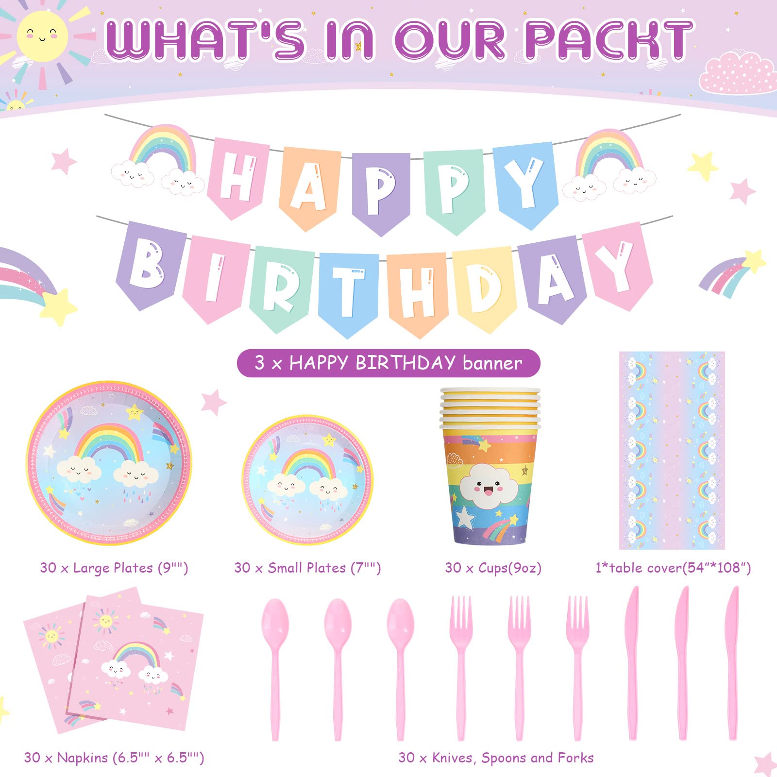212-Piece Pastel Rainbow Birthday Party Supplies Set - Includes Paper Plates, Tablecloth, Cups, Napkins, Cutlery & Banner for 30 Guests - Perfect for Rainbow Themed Parties, Baby Showers & Celebrations (Cute Style)