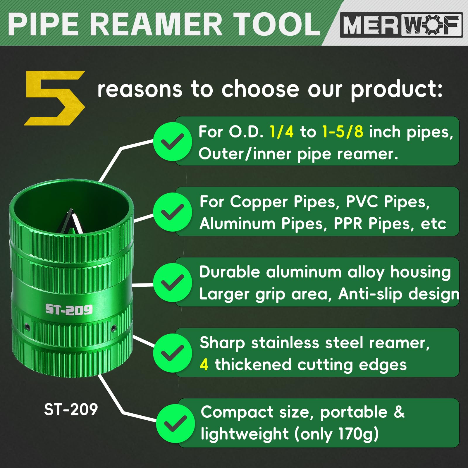 Professional Metal Pipe Reamer Tool for Copper & PVC Pipes - 1/4” to 1-5/8” Inner/Outer Deburring & Chamfering Kit - Essential Plumbing Tools for Smooth Pipe Ends (Green) - Perfect for DIY Home Repairs, Plumbing Installations & HVAC Maintenance