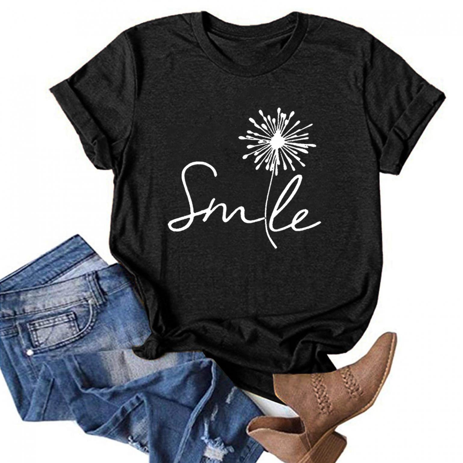 FABIURT Women's Casual Short Sleeve T-Shirt with Dandelion Graphic - Stylish Holiday Tee for Everyday Wear, Outings & Gift Giving