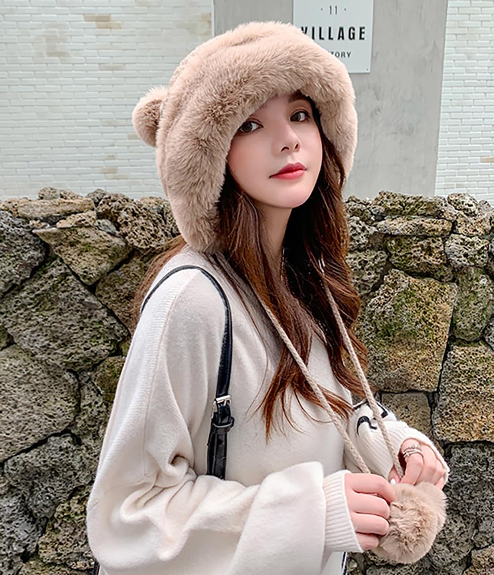 Women's Winter Pompom Beanie - Soft Fluffy Knit Faux Fur Crochet Skull Cap with Ear Warmers for Cold Weather | Cozy Outdoor Winter Hat for Skiing, Snowboarding & Casual Wear