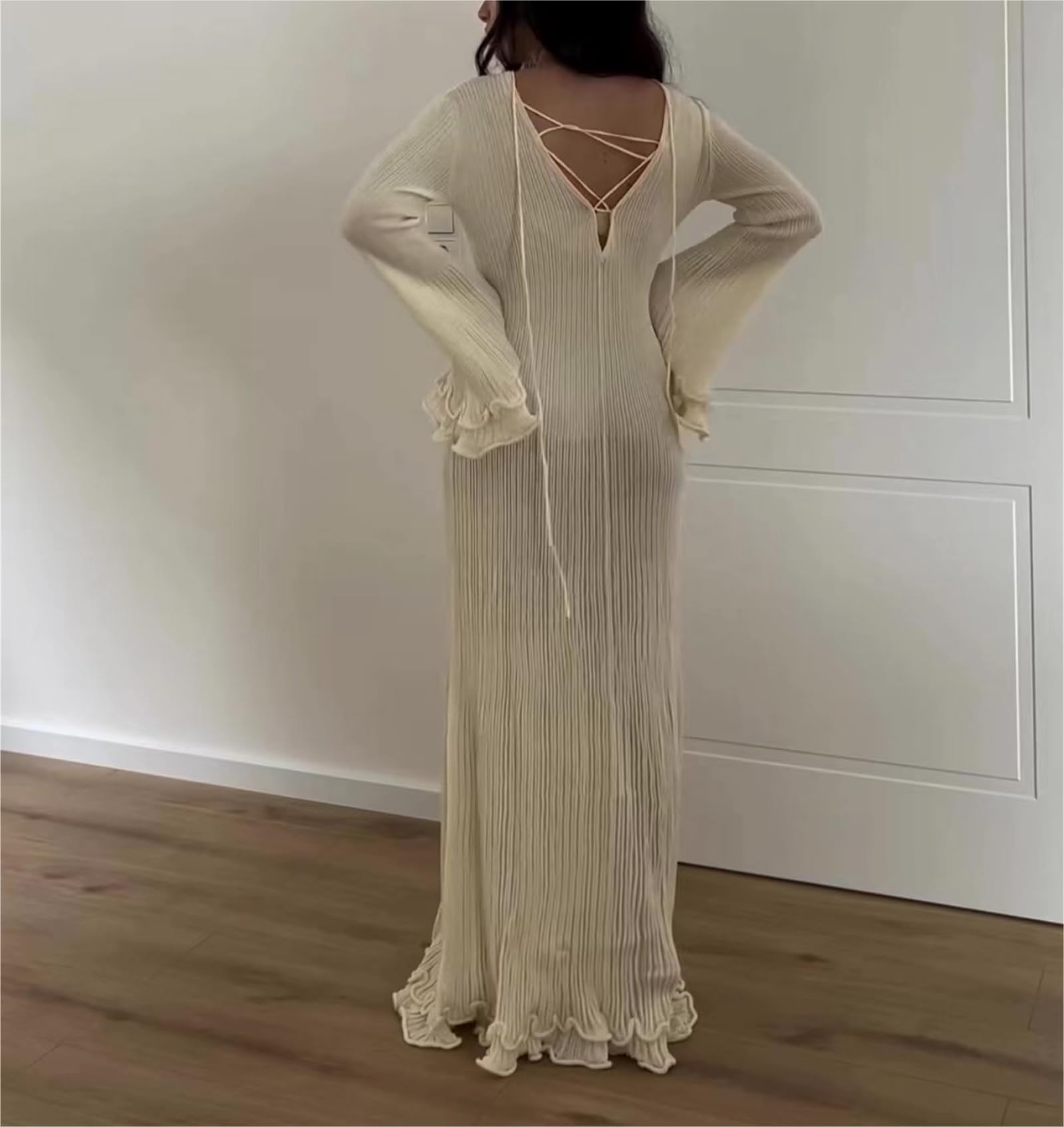 Elegant Cream Crochet Tie Back Maxi Dress with Ruffles & Long Sleeves - Perfect for Date Night, Wedding Guest & Fall Fashion