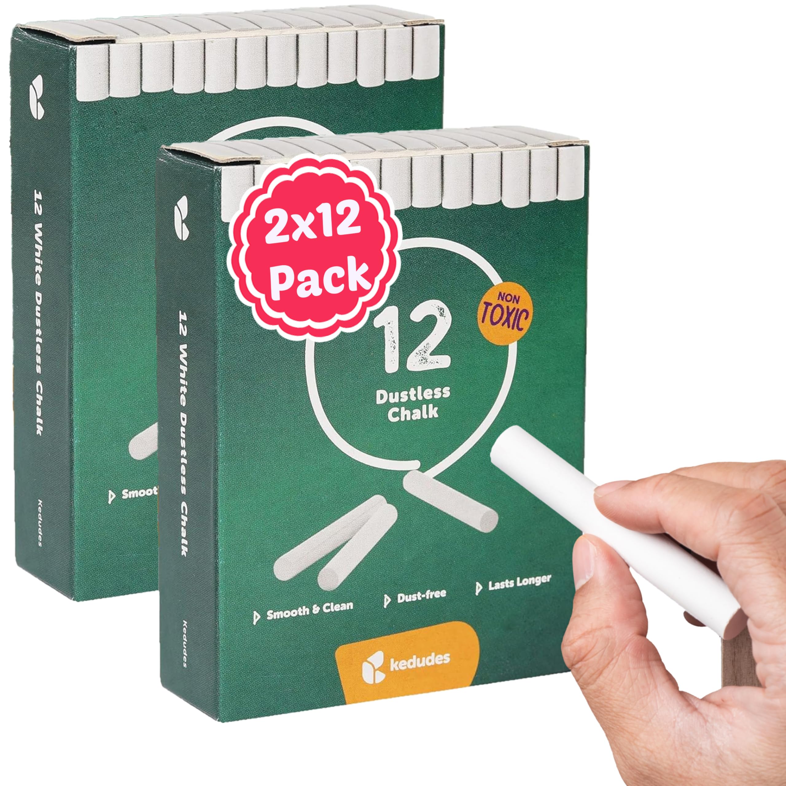 Kedudes White Chalk - 24 Dustless Chalk Sticks for Smooth Writing on Chalkboards - Non-Toxic Classroom & Home Chalk for Teachers, Kids & DIY Projects - Easy Cleanup, 2-Pack - Perfect for School Lessons, Home Decor & Creative Art Spaces