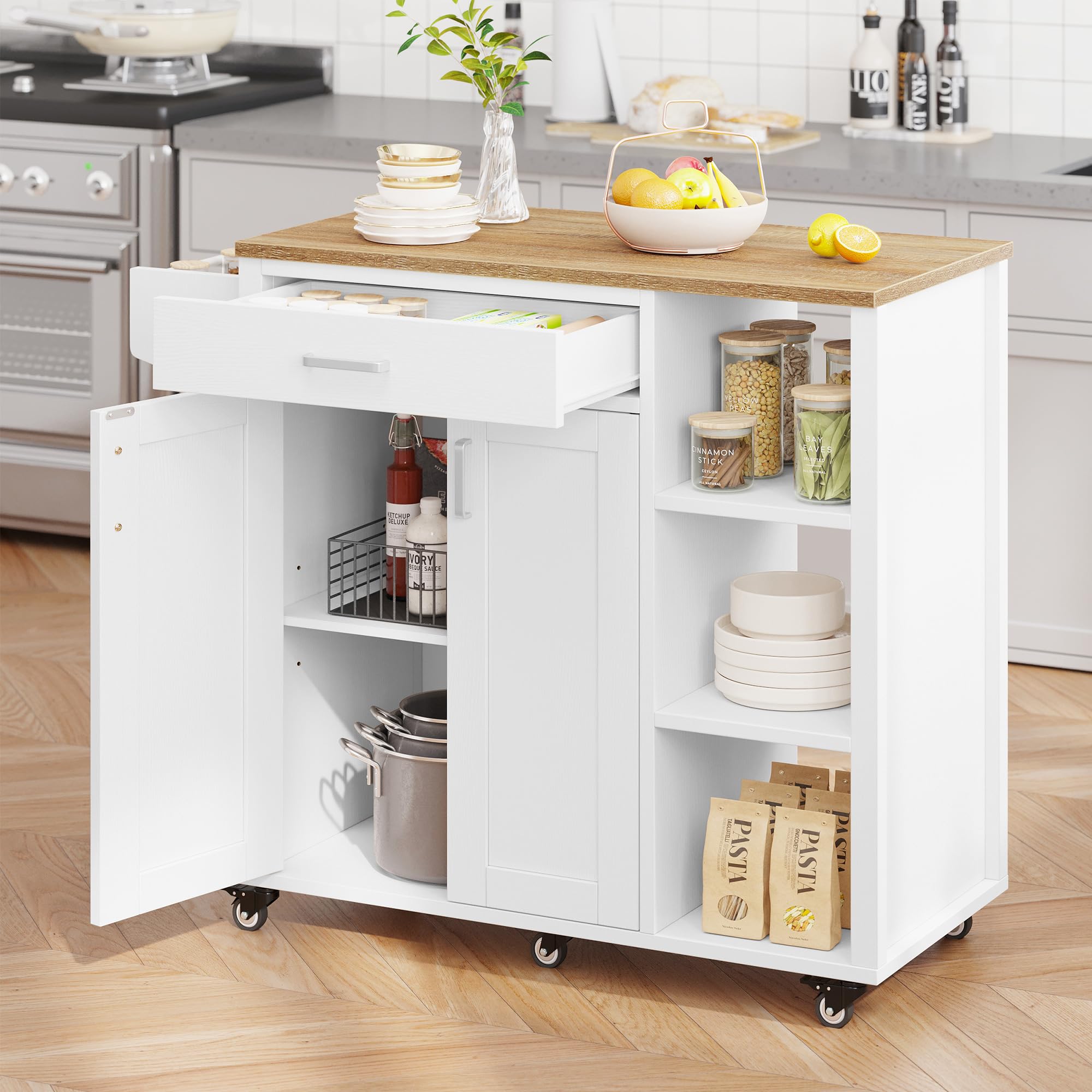 YITAHOME White Kitchen Island Cart with Storage - Rolling Mobile Kitchen Island with Drawers, Open Shelves, Wine Rack & Spice Rack - Perfect for Small Kitchens, Dining Rooms & Apartment Cooking Spaces