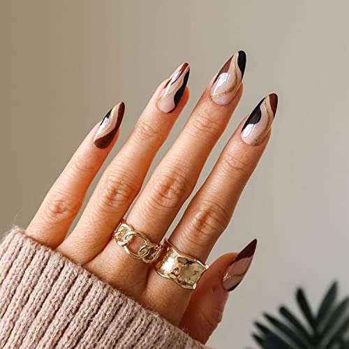 24Pcs Almond Press on Nails - Medium Length French Swirl Fake Nails with Nude Almond Shape & White Irregular Stripes Designs - Full Cover Stick on Nails for Women & Girls - Reusable Artificial Nails (Agate & Gold) - Perfect for Parties, Weddings, Date Nights & Special Occasions
