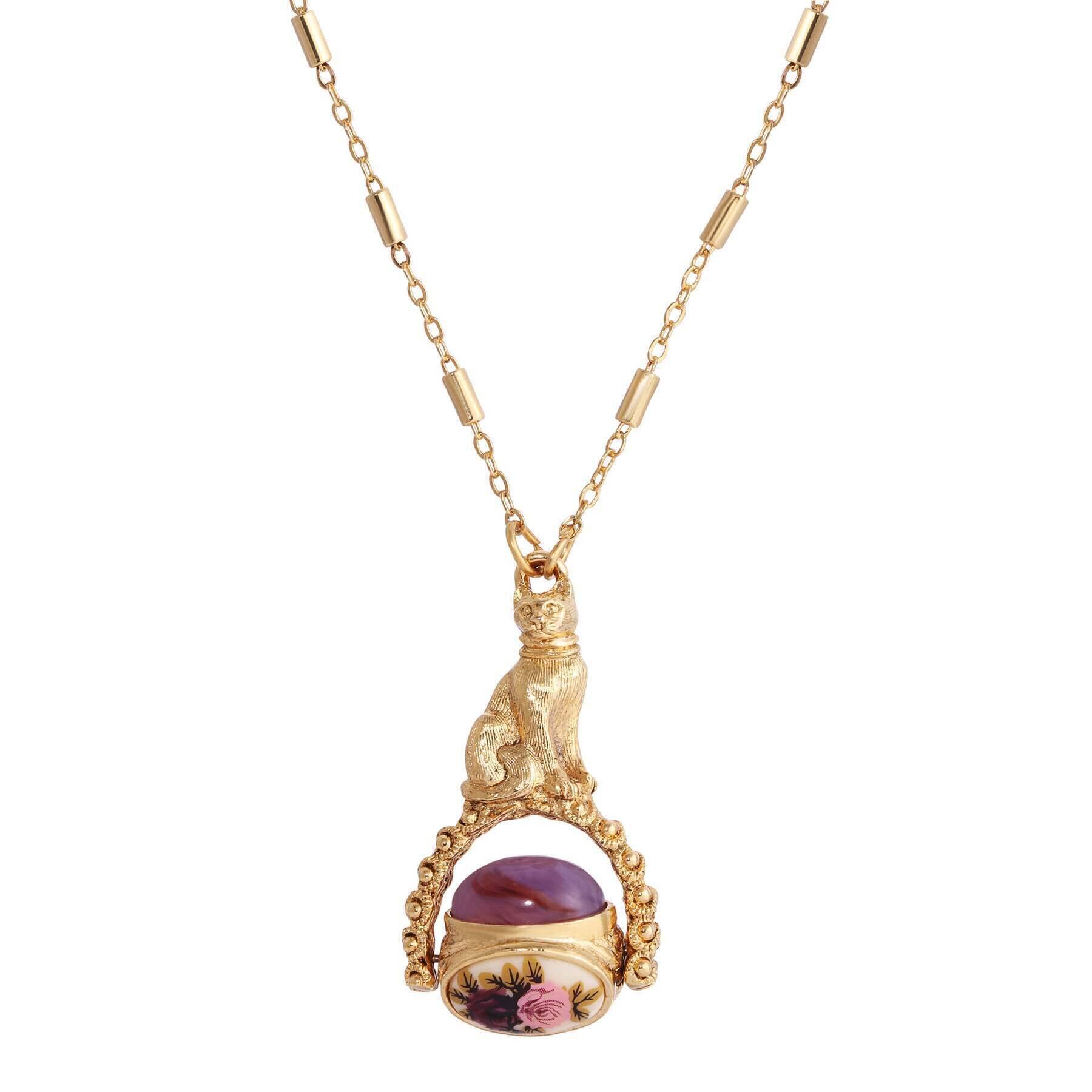 1928 Jewelry Manor House Pink & Purple Stone Spinner Cat Pendant Necklace - 30