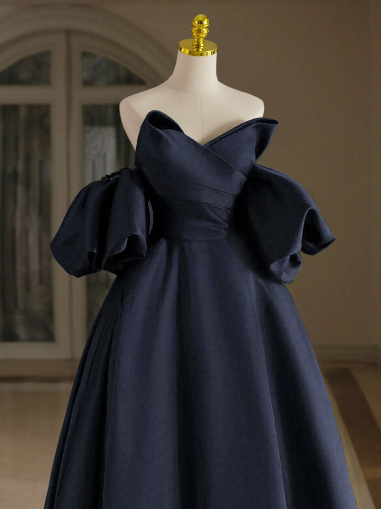 Elegant A-Line V-Neck Satin Dark Blue Long Prom Dress | Formal Evening Gown for Women | Perfect for Homecoming, Prom Night & Black Tie Events