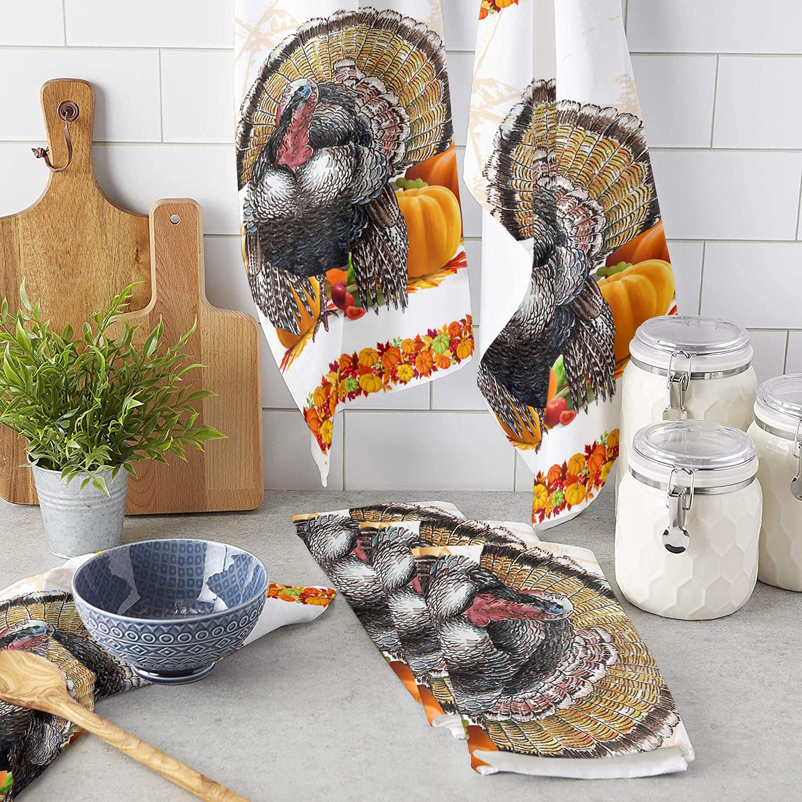 Premium Smile Sunflower Microfiber Kitchen Towels - Super Absorbent & Reusable Dish Cloths (Pack of 2, 18x28 Inch) - Thanksgiving Turkey & Fall Pumpkin Maple Leaves Design - Perfect for Drying Dishes, Cleaning Countertops & Holiday Decor