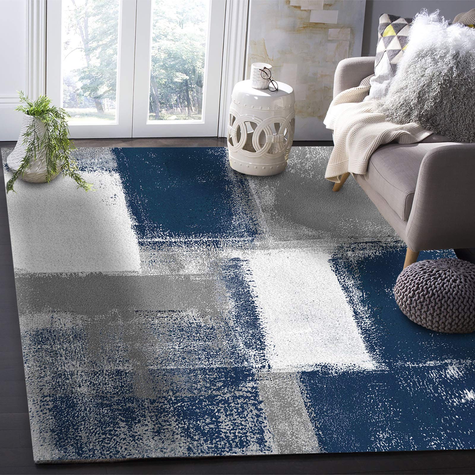 Navy Blue Modern Abstract Area Rug 2'8