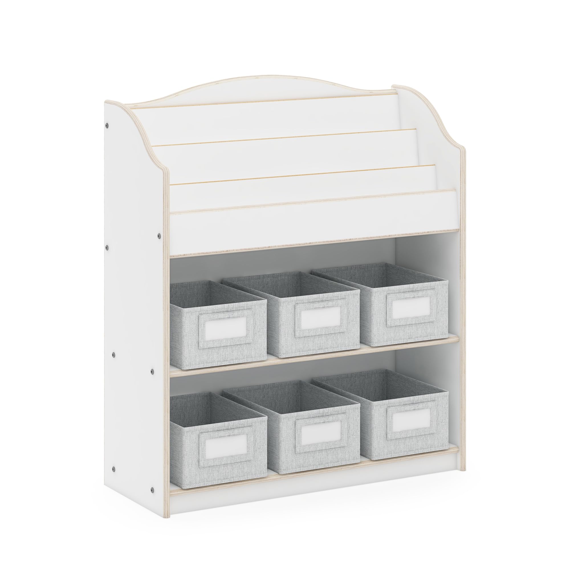 Guidecraft EdQ Book and Bin Browser White - 6 Fabric Storage Bins, Kids Book Rack & Toy Organizer - Classroom & Homeschool Bookcase for Reading Nook, Playroom & Kids' Bedroom Organization