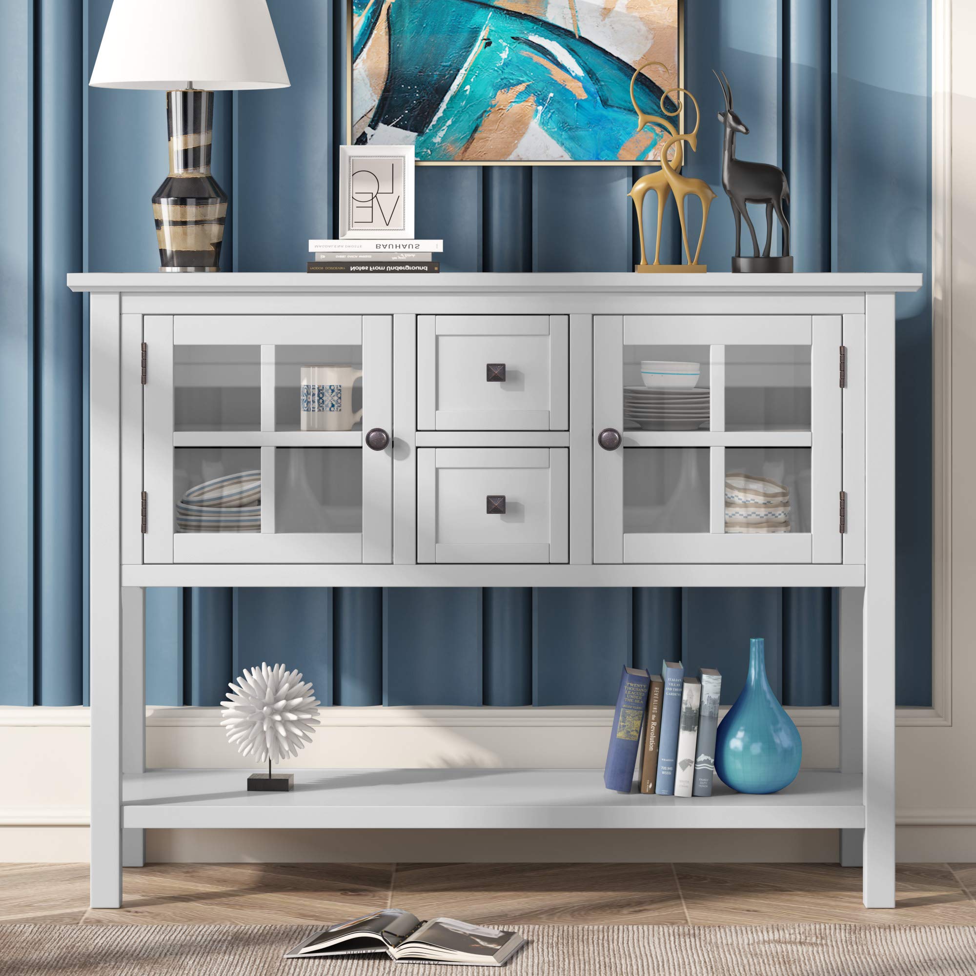 Gelsey White Console Table with Storage - Sofa Table, Buffet Sideboard Cabinet with Doors & Drawers for Living Room, Kitchen, Dining Room & Entryway - Perfect for Home Decor, Storage Solutions & Small Space Organization