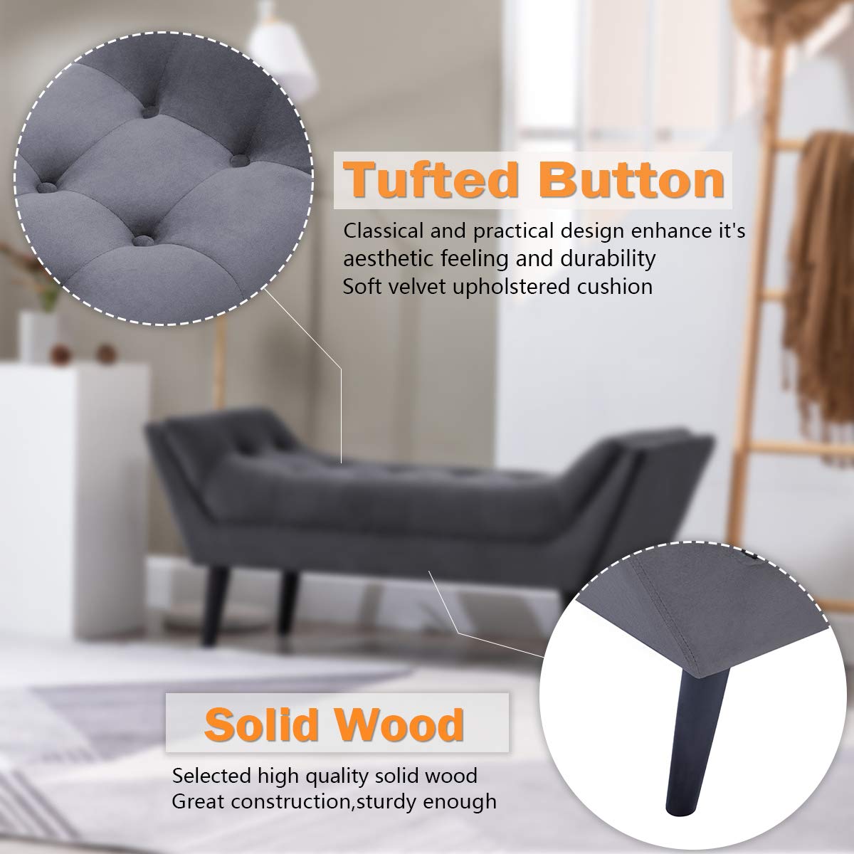 Alunaune Velvet Tufted Ottoman Bed Bench - Dark Gray Upholstered Storage Footstool with Wood Legs, 2-Seater for Bedroom, Entryway & Living Room | Perfect End of Bed Bench, Hallway Seating & Cozy Footrest