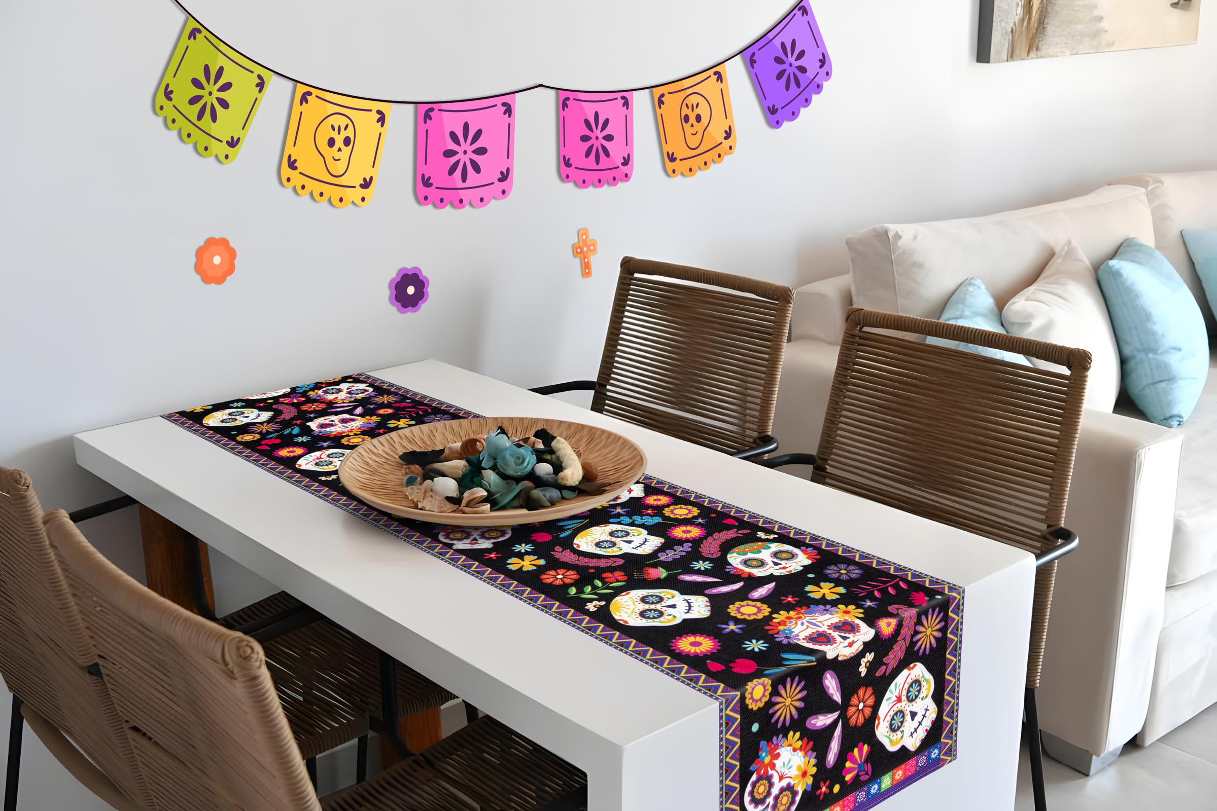 Vibrant Day of the Dead Table Runner - Authentic Mexican Dia de Los Muertos Altar Decor for Ofrenda Celebrations | Perfect for Halloween, Home Decor & Cultural Festivals