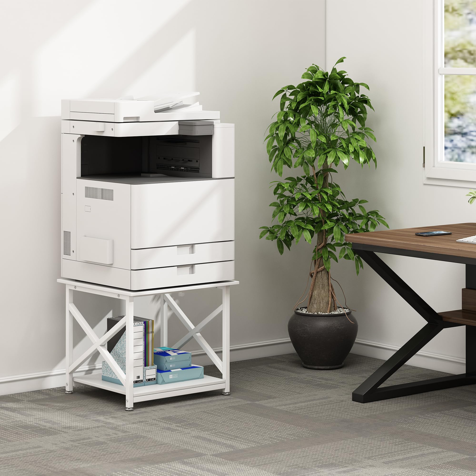 23.6 x 23.6 Inches Large Printer Stand with Storage Shelf | 2-Tier Square Rolling Cart with Wheels for Home Office | Compatible with Laser Printer, 3D Printer & Mini Fridge | Multi-Purpose Mobile Organizer for Workspace & Living Room - White