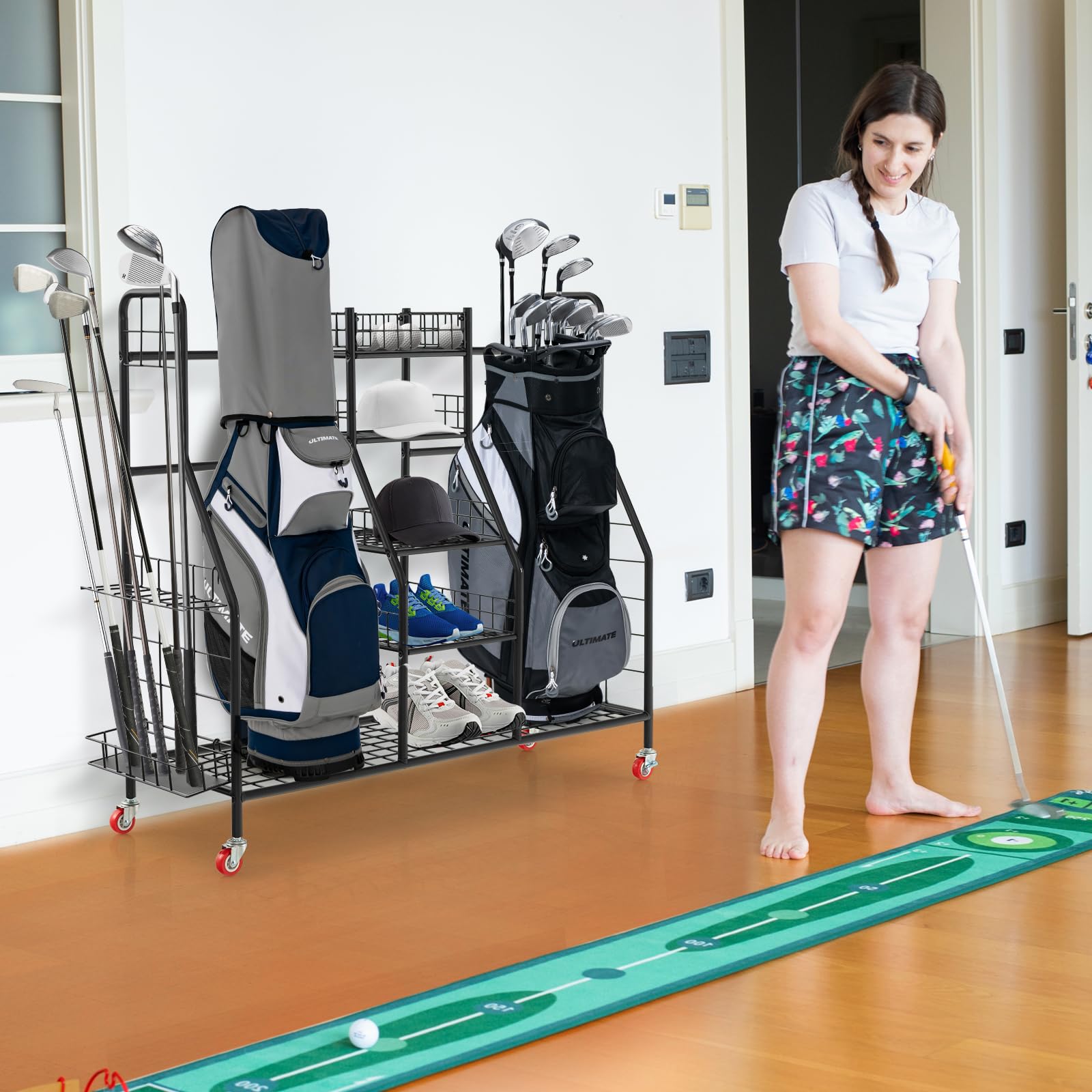 Tangkula Heavy Duty Metal Double Golf Bag Storage Rack with Removable Club Stand, Shelves & Lockable Wheels - Extra Large Golf Equipment Organizer for Garage, Basement or Clubhouse - Perfect for Storing Golf Bags, Clubs & Accessories
