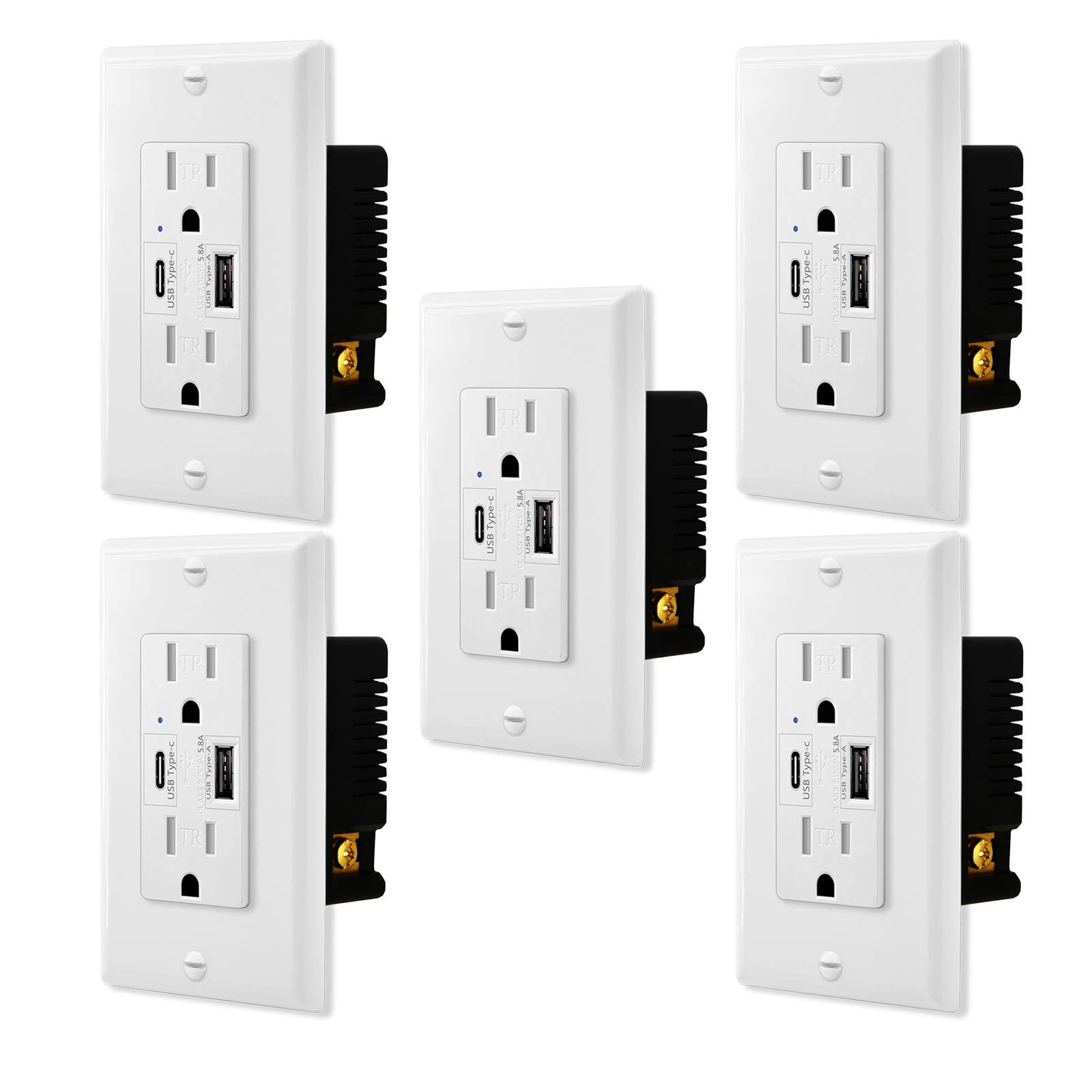 5-Pack White USB Wall Outlet - UL Certified 5.8A 5V Dual Port Charger (Type C & Type A) with 15A Tamper-Resistant Receptacle - Easy Install AC Power Socket for Smartphones, Tablets & Devices - Perfect for Home, Office & Hotel Charging Stations