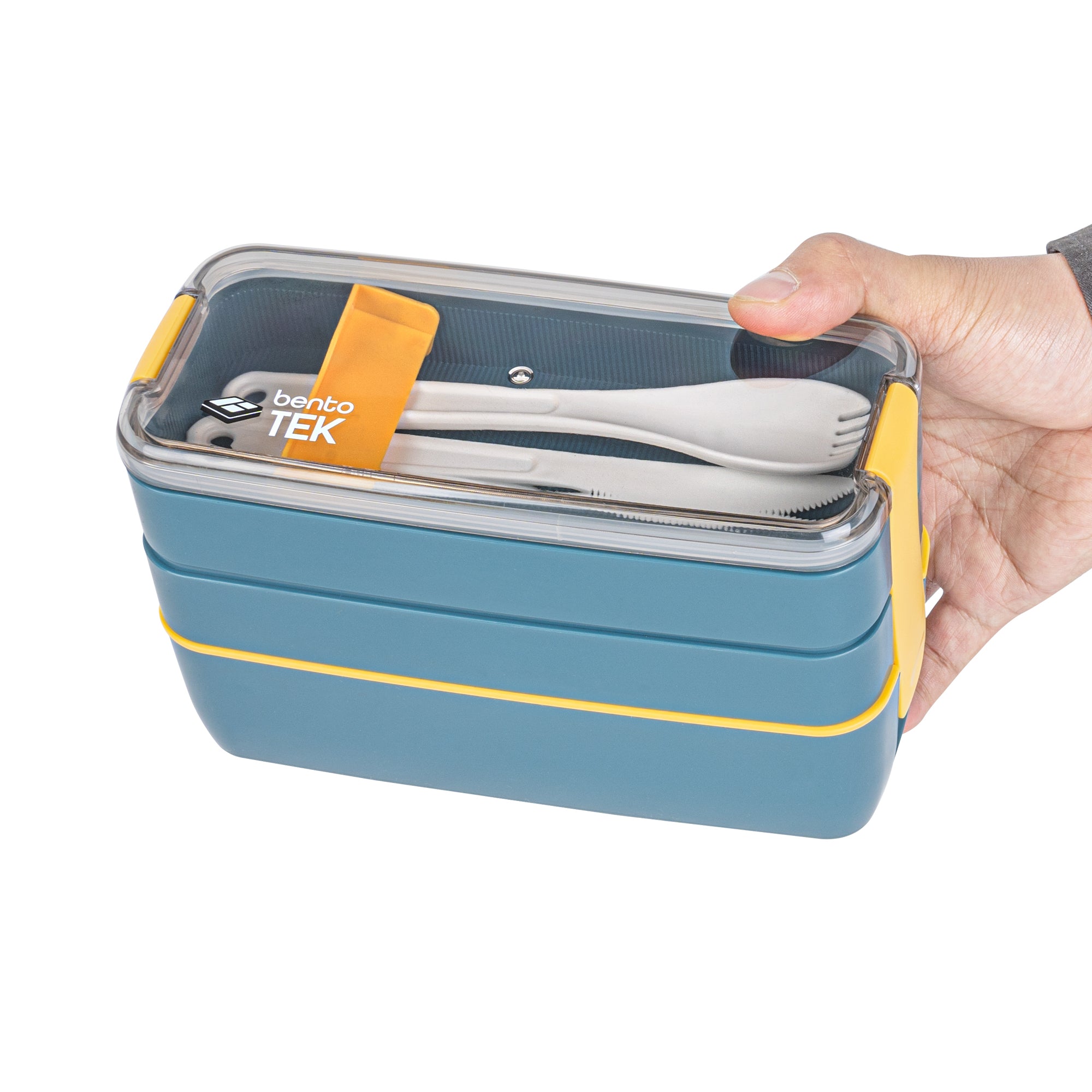 Bento Tek 29 oz Blue and Yellow BPA Free Lunch Box with Fork & Spoon - Microwave Safe, 7.75