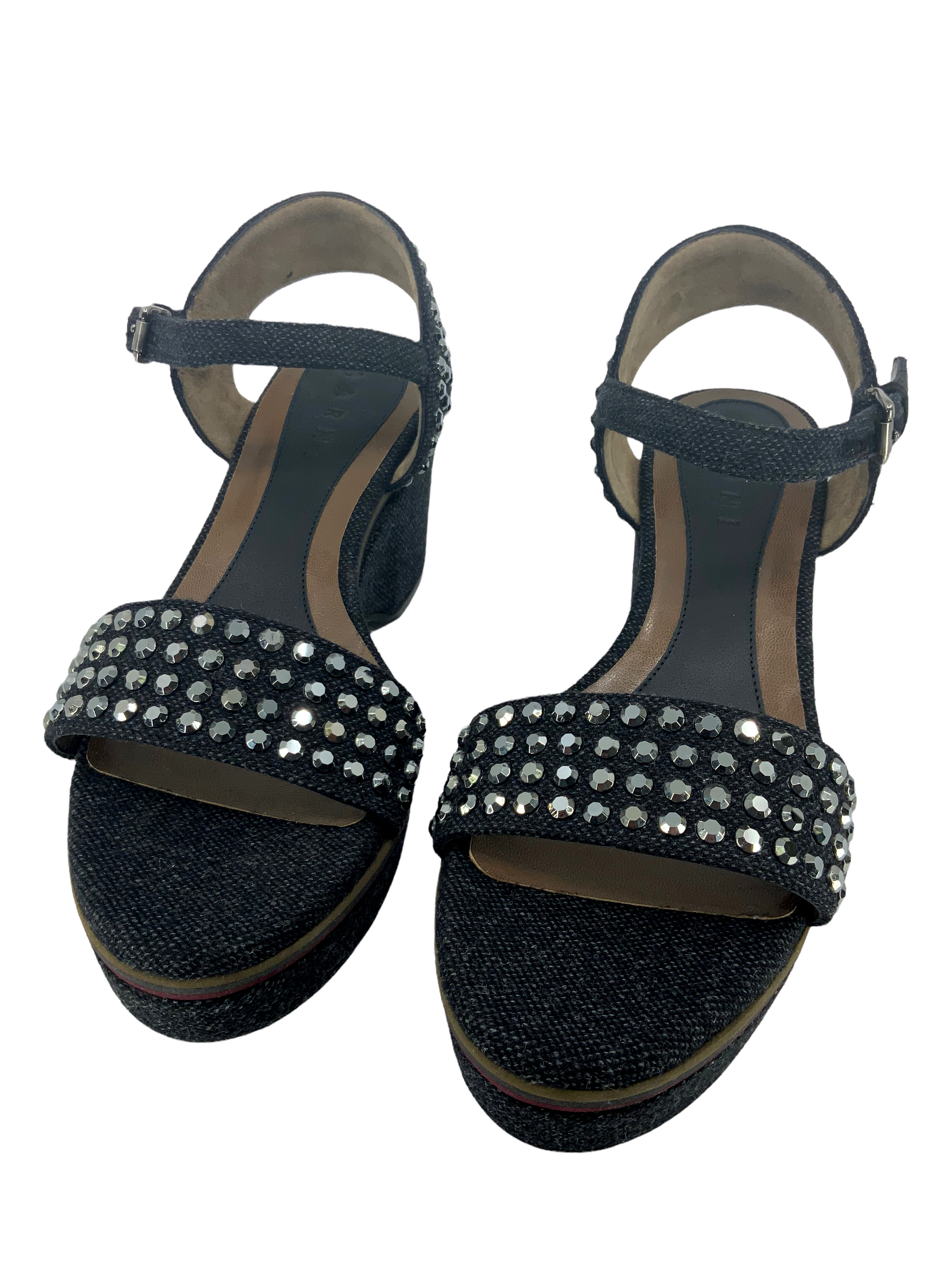MARNI Studded Denim Ankle Strap Wedge Sandals Women Size 9 | Fashion Designer Shoes for Summer Outfits, Parties & Weddings