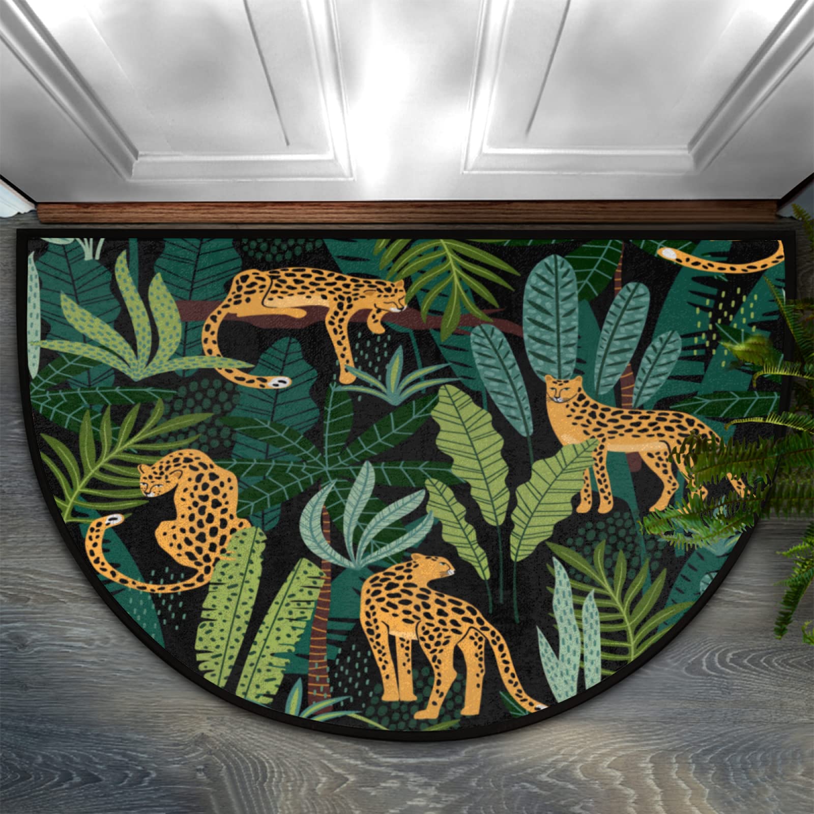 Half Round Rugs - Leopard Print & Green Plants Semicircular Non-Slip Door Mat for Indoor Entryway, Patio & High Traffic Areas - Perfect Welcome Mat for Home, Office & Commercial Spaces