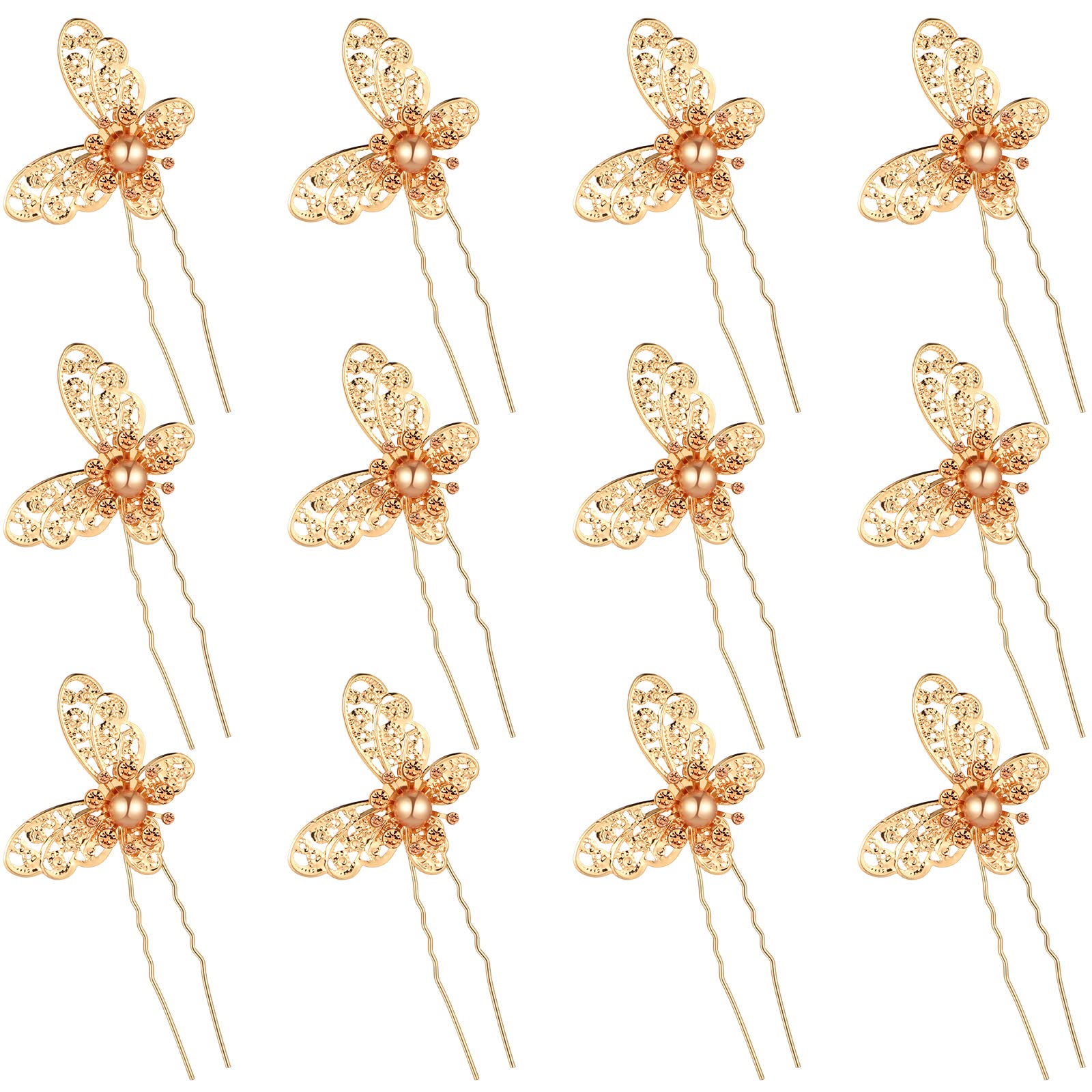 12PCS Crystal Pearl Butterfly Hair Clips - Gold Bridal Hair Pins for Women, Wedding Headpiece Accessories | Perfect for Bridal Shower, Prom, Party & Special Occasions