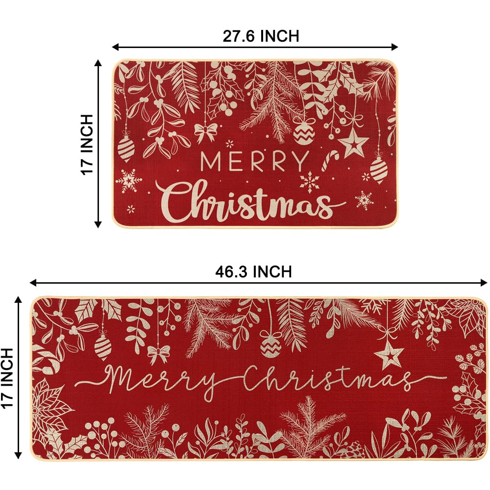 Christmas Kitchen Rugs Set of 2 - Non-Slip Holiday Floor Mats with Holly Pine Design for Xmas Decor, Red Winter Kitchen Mats for Farmhouse, Bedroom & Entryway - Perfect for Holiday Gatherings and Cozy Home Decor