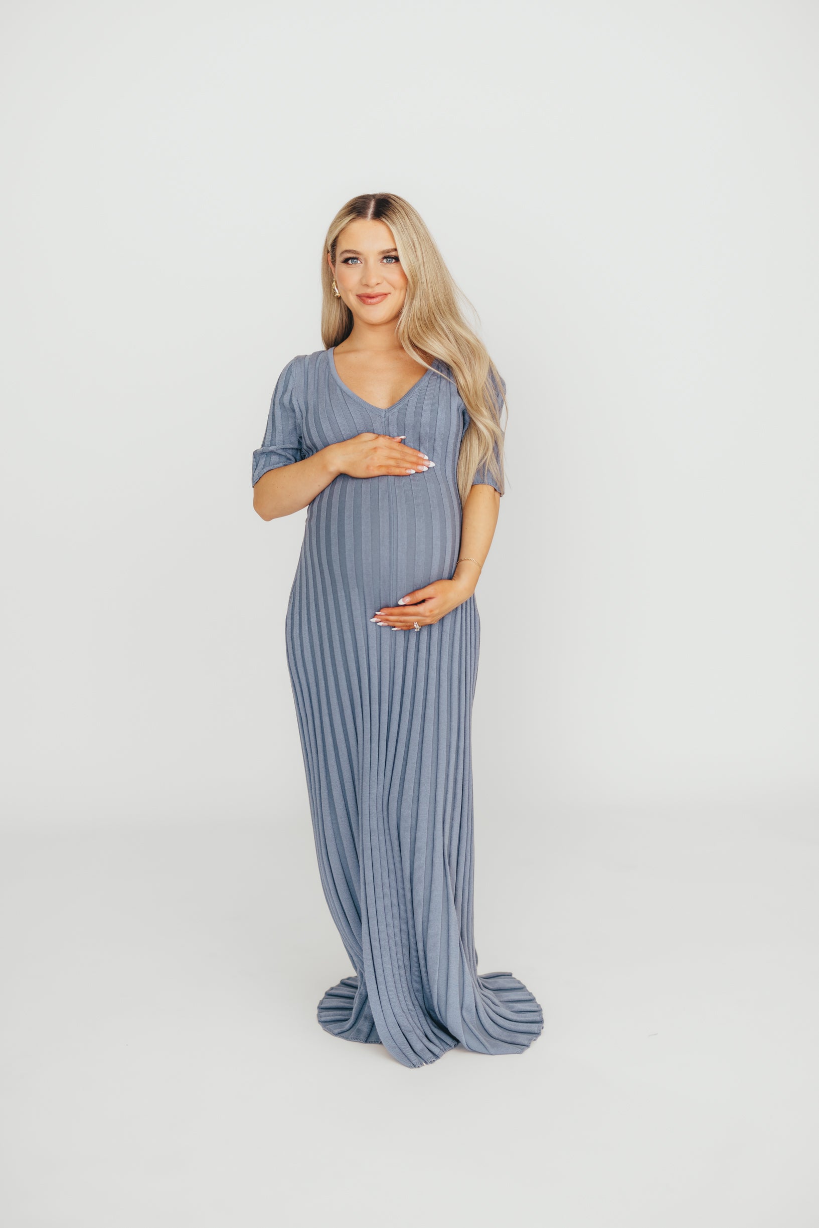 Oakley Ribbed Maxi Dress in Dusty Blue - Bump Friendly Maternity Dress for Pregnancy & Nursing | Perfect for Casual Outings, Baby Showers & Summer Events
