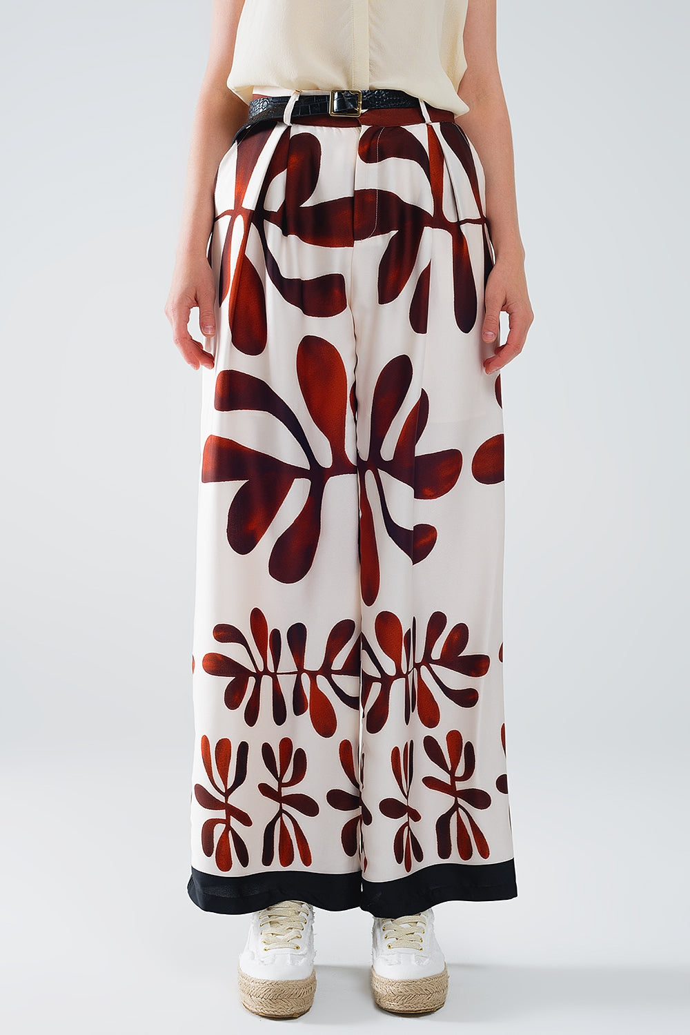 Abstract Print Wide Leg Pants in White and Brown - Boho Chic Women's Trousers for Casual Outfits, Office Wear & Summer Vacations
