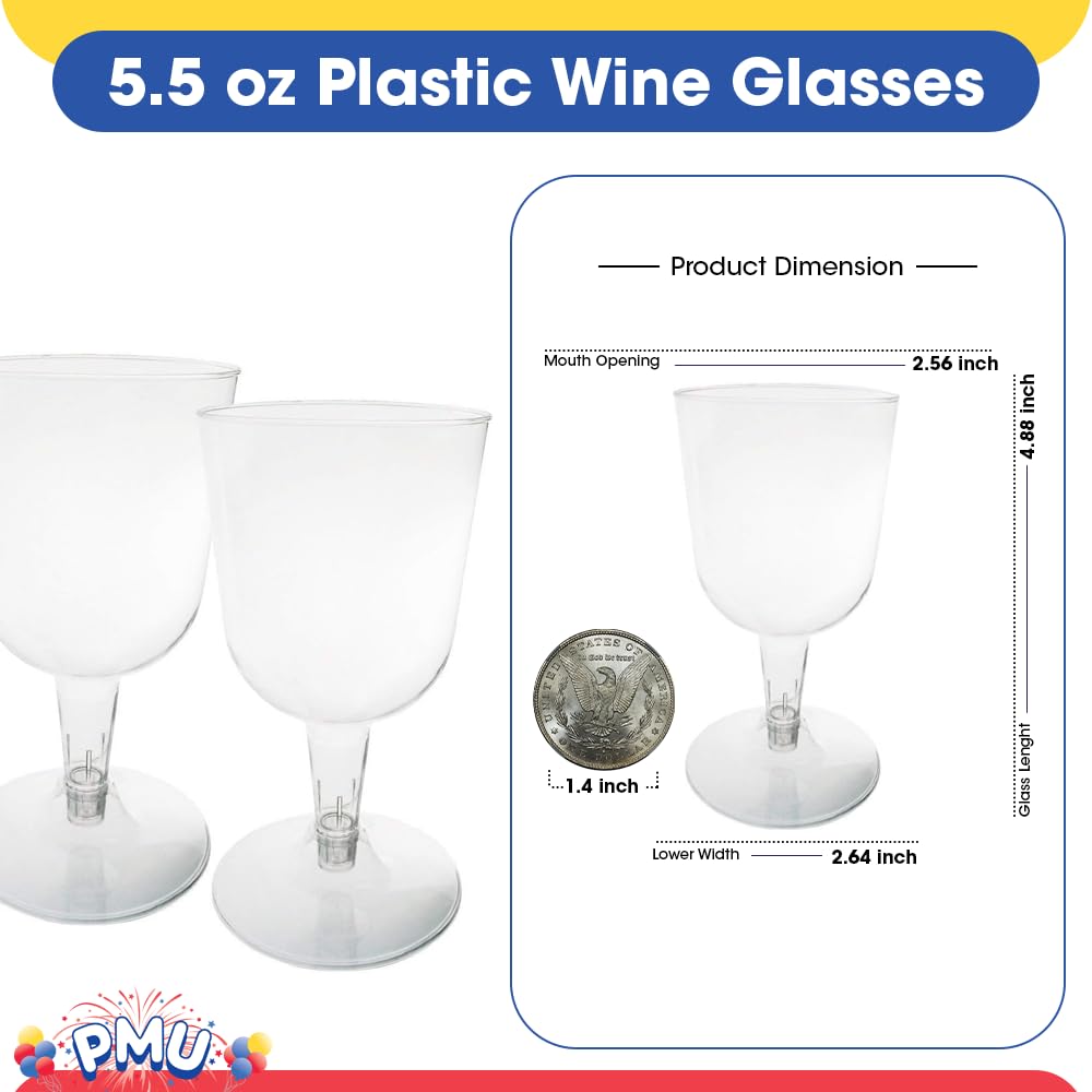 PMU 5 oz Clear Plastic Wine Glasses - 2 Piece Set (40/Pack, 6 Packs) - Shatterproof Cups for Parties, Picnics, Weddings & Outdoor Events