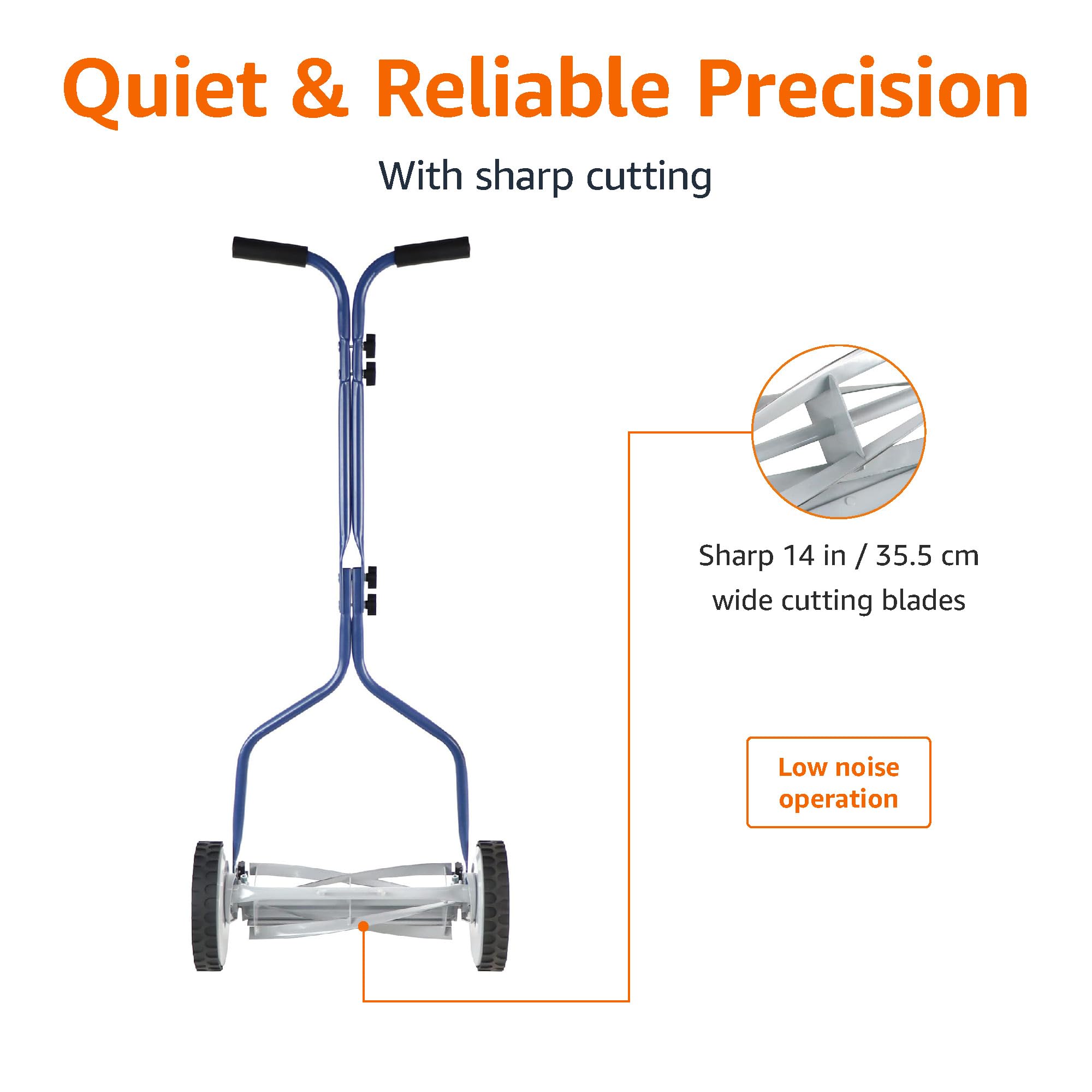 Amazon Basics 14-Inch 4-Blade Push Reel Lawn Mower - Lightweight Manual Grass Cutter for Small to Medium Yards, Eco-Friendly & Quiet Lawn Care Tool - Perfect for Home Gardens, Patios, and Backyards