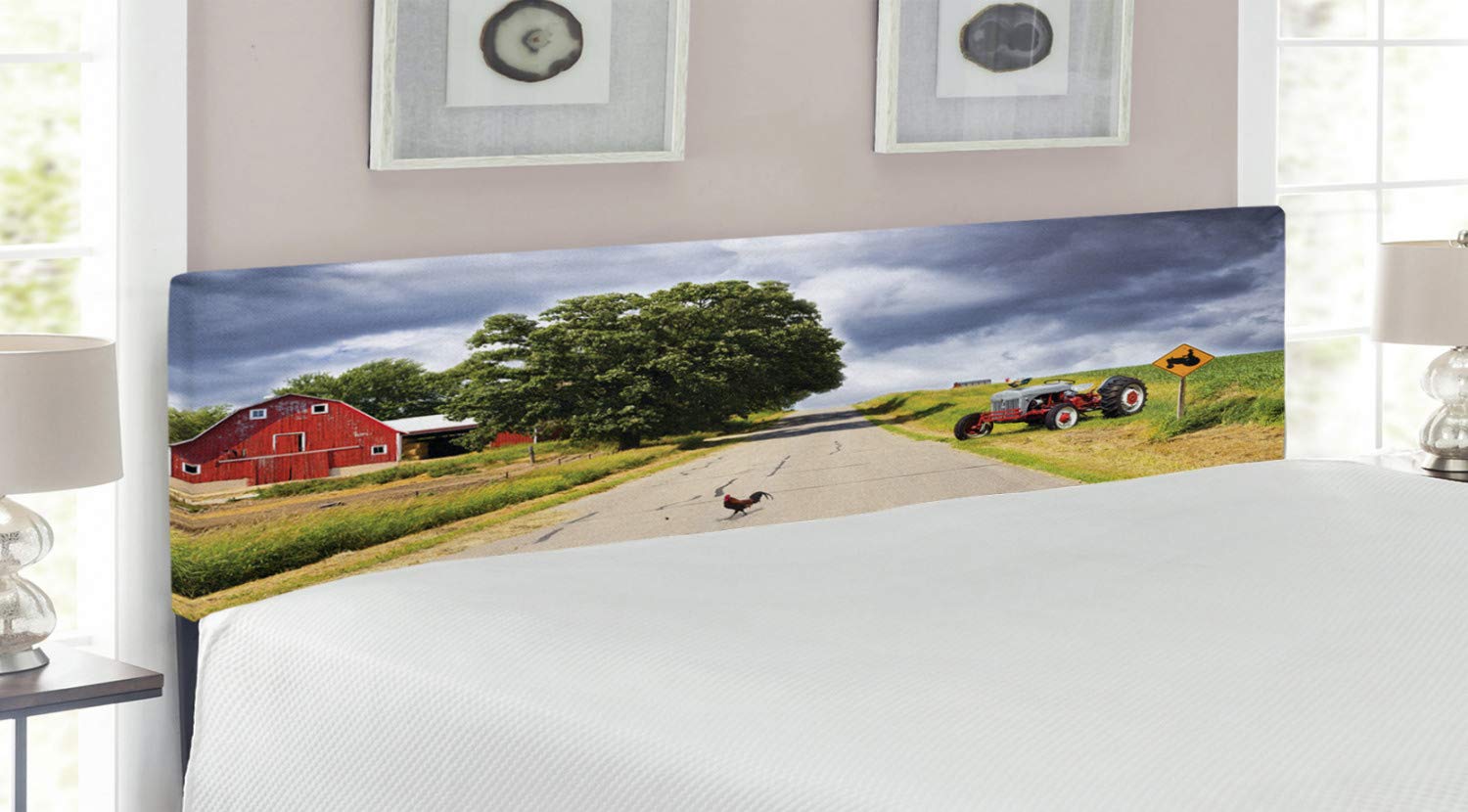 Ambesonne Farmhouse King Size Upholstered Headboard - Country Road Barn & Tractor Stormy Day Design, Decorative Metal Bed Frame with Memory Foam, Multicolor | Perfect for Rustic Bedroom Decor & Farmhouse Style Homes