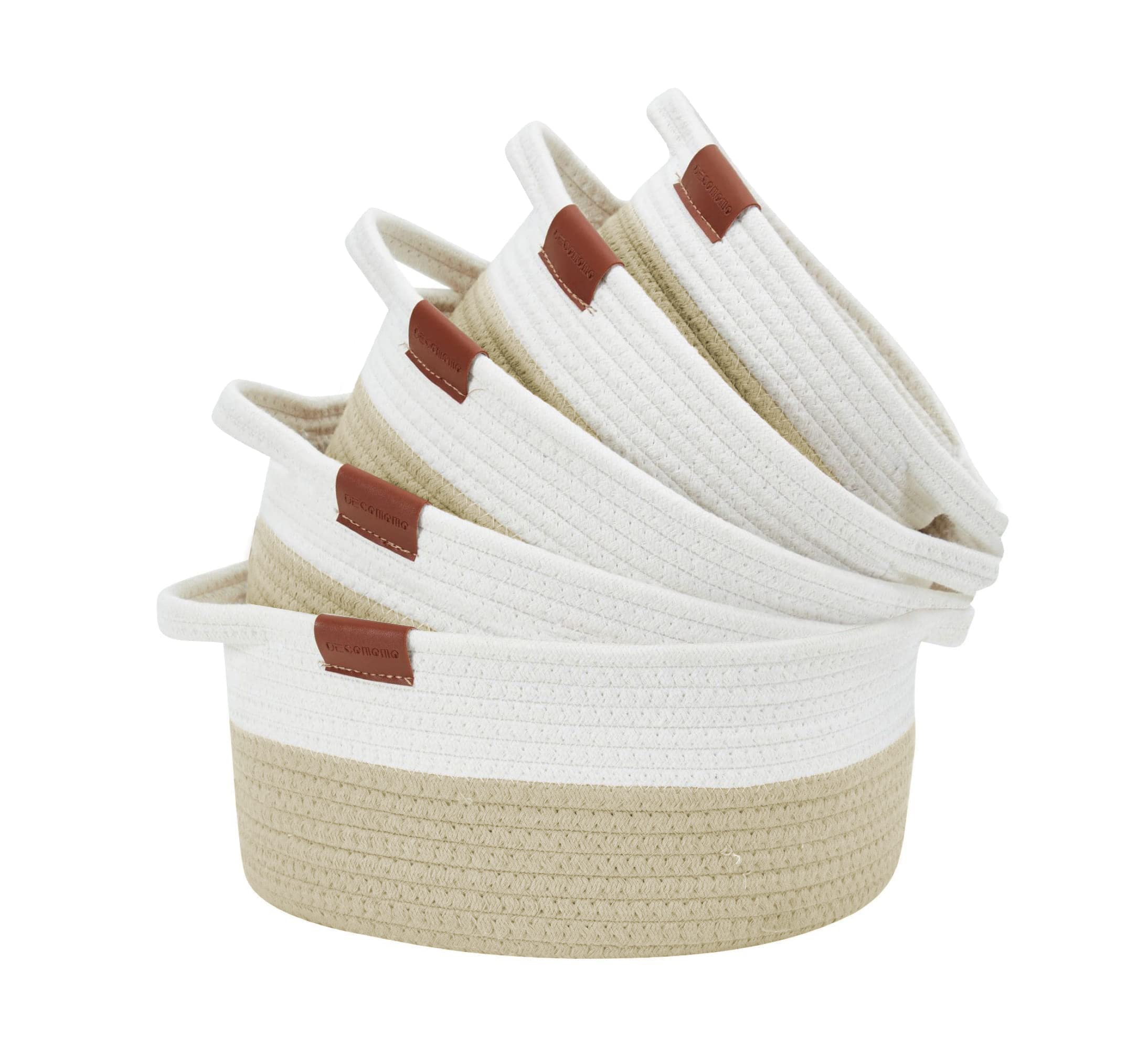 DECOMOMO Small Cotton Woven Storage Basket with Handles - 5 Pack Beige & White Rope Bins for Nursery, Baby Toys, Kids Bathroom & Clothes Organization | Perfect for Home Decor, Laundry & Playroom Storage