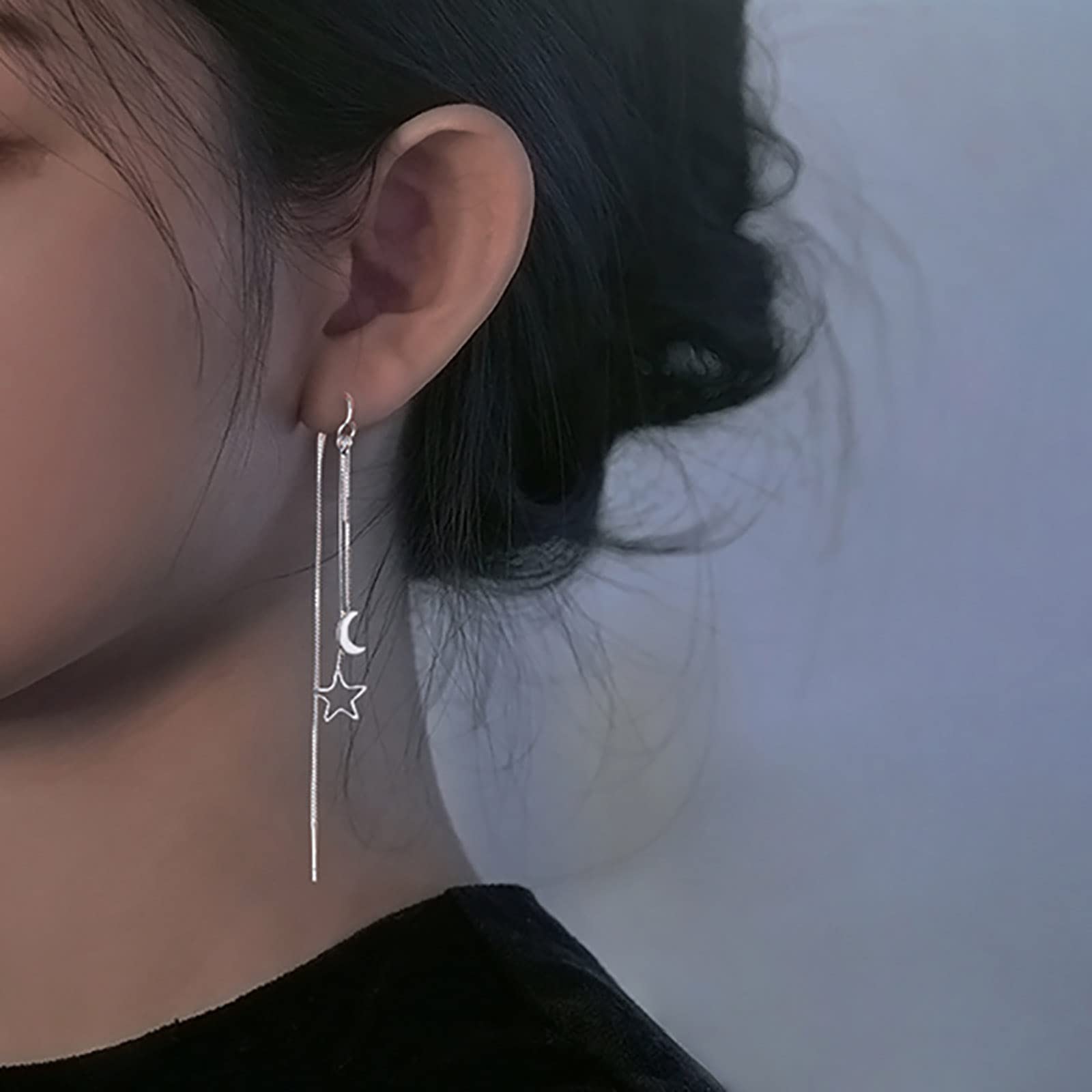 Atentuyi Silver Moon & Star Threader Earrings - Long Chain Drop Dangle Earrings with Tassel for Women & Girls | Perfect for Boho, Festival, and Everyday Wear