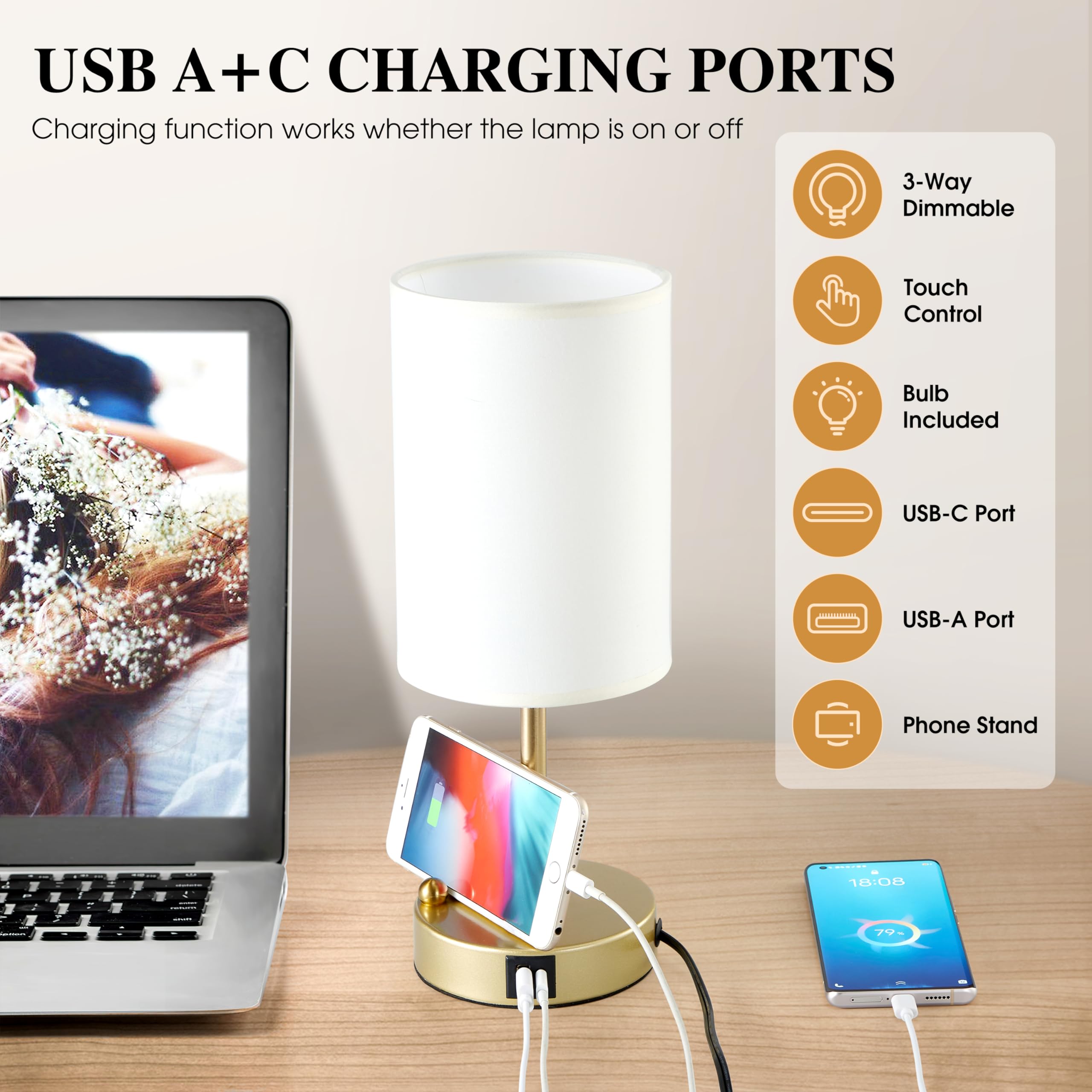 Briever Touch Control Table Lamp - 3-Way Dimmable Bedside Lamp with USB Charging Ports, Gold Phone Stand & Round Linen Shade (Bulb Included) | Perfect for Bedroom Nightstand, Home Office Desk & Reading Nook Lighting