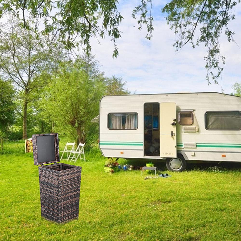 27 Gallon Outdoor Rattan Trash Can with Lid - Waterproof Patio Garden Waste Bin, Iron Frame Brown Gradient Design | Perfect for Backyard, Deck & Poolside Use