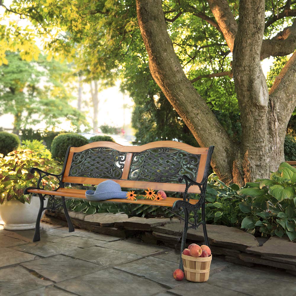 VINGLI Outdoor Metal Garden Bench with Wood Seat & PVC Backrest - Cast Iron Love Seat Park Bench for Front Porch, Patio, Yard (Arched Back) | Perfect for Relaxing, Outdoor Dining, and Garden Decor