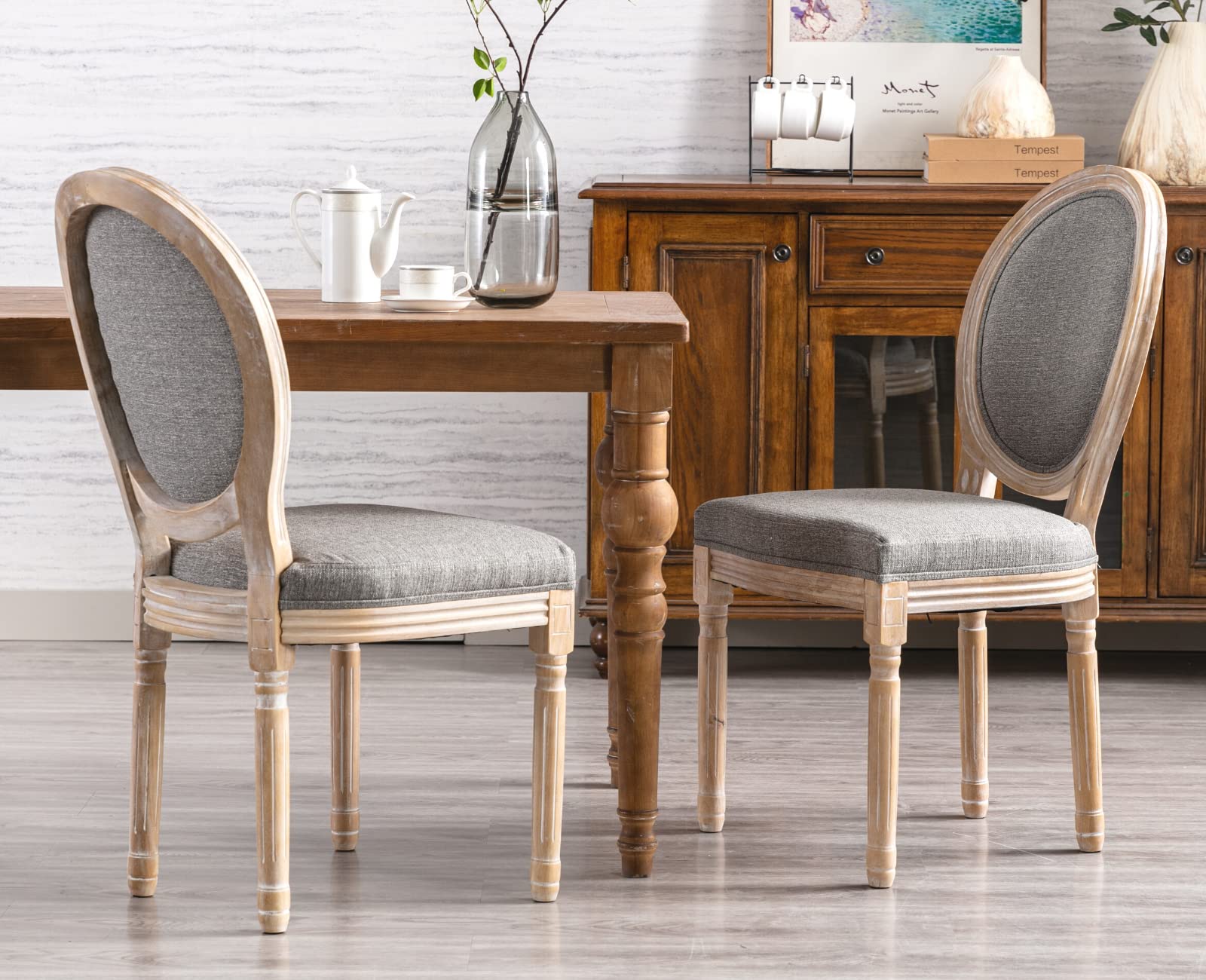 CIMOTA Set of 2 Vintage French Farmhouse Dining Chairs - Distressed Wood Round Back Upholstered Side Chairs for Kitchen, Restaurant & Home Decor (Grey) | Perfect for Mid-Century Modern Dining Rooms & Cozy Breakfast Nooks