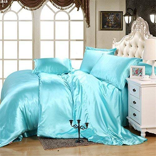 Sky Blue Satin Sheet Set 4-Piece Full Size - 1 Flat Sheet, 1 Fitted Sheet, 2 Pillowcases (15