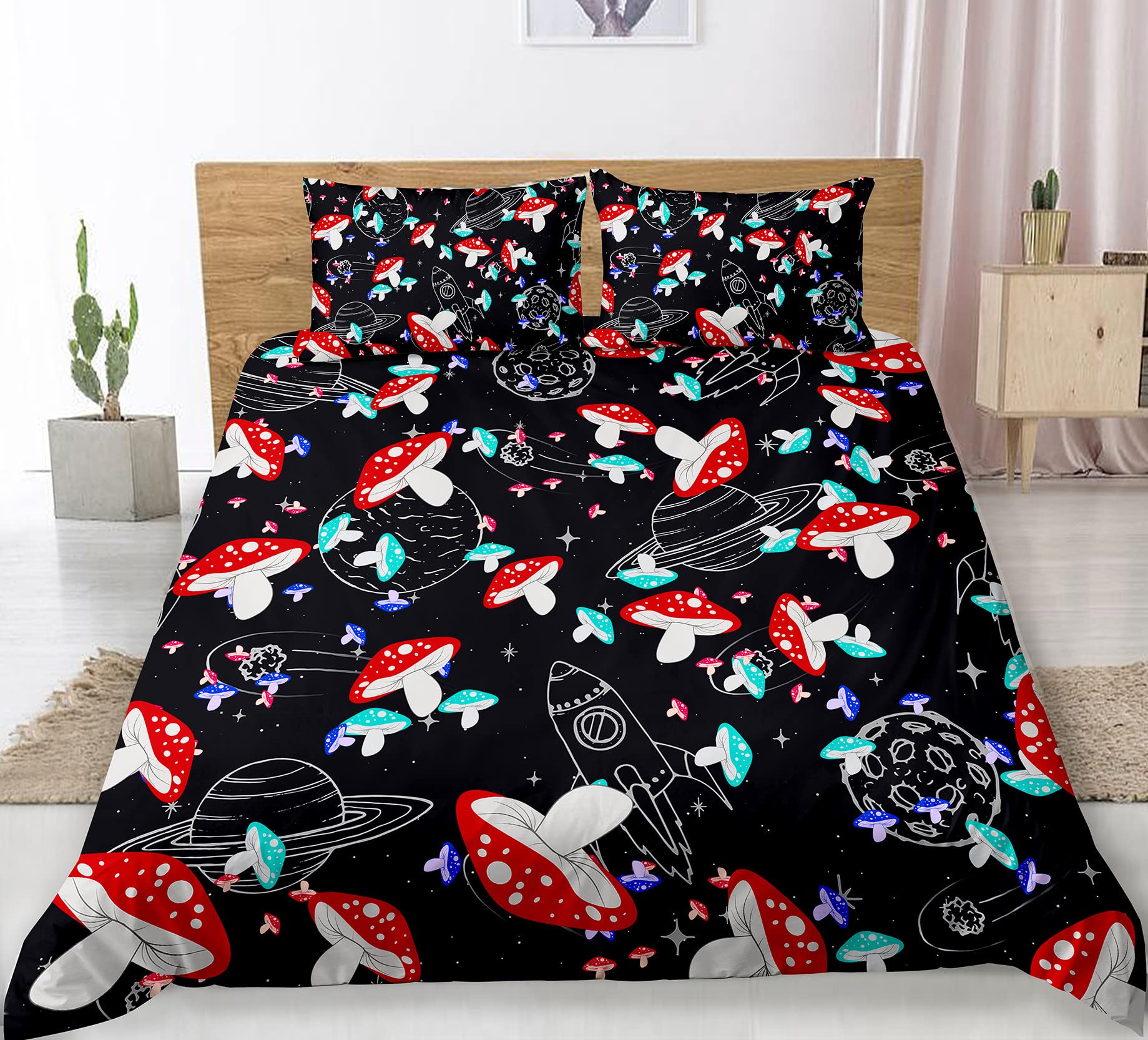 **Kids Mushroom Print Duvet Cover Set - Twin Size Soft Breathable Bedding with 1 Duvet Cover & 1 Pillowcase - Space Themed Room Decor for Girls, Boys & Teens - Perfect for Bedrooms, Sleepovers & Cozy Nights**