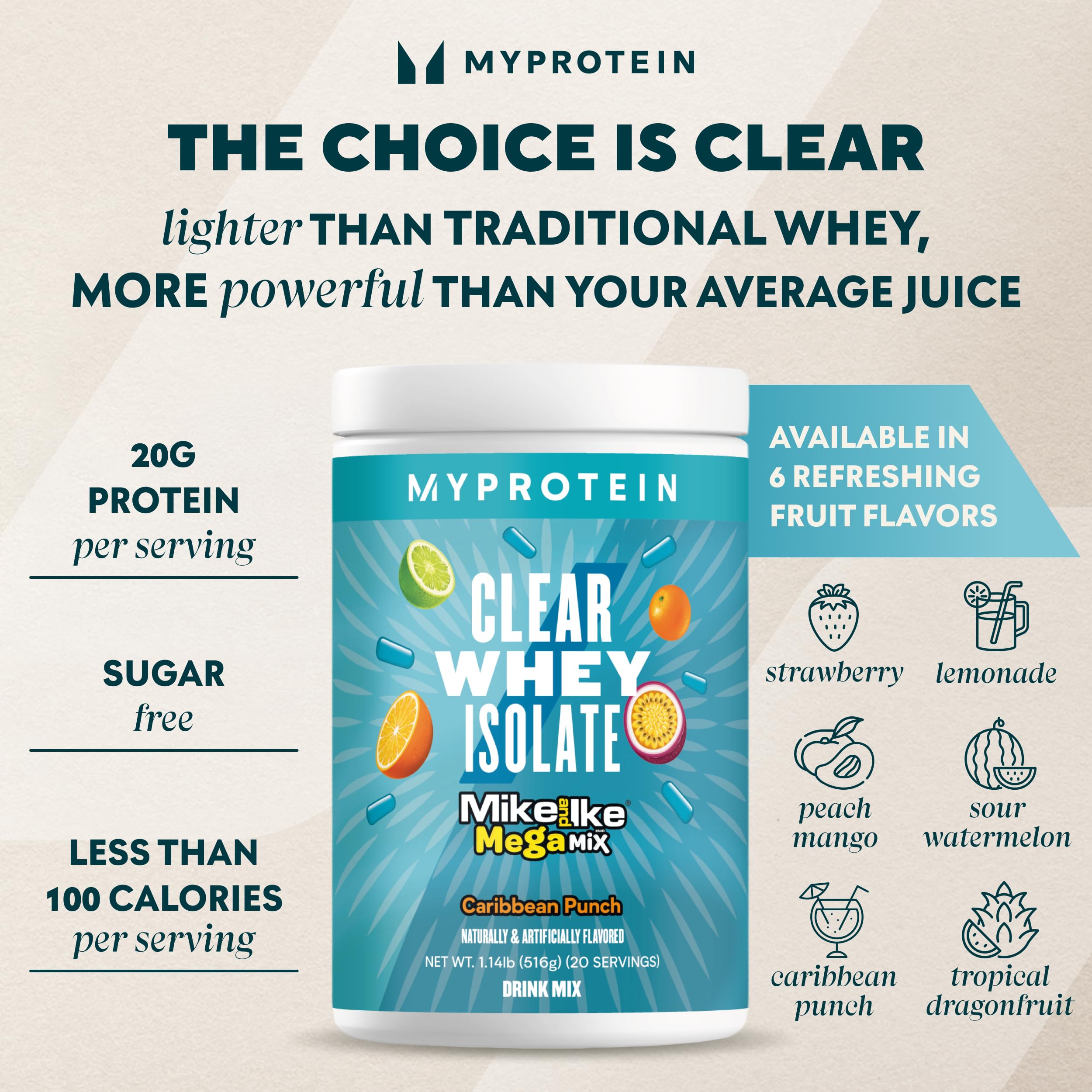 Myprotein Clear Whey Isolate Protein Powder - 1.1 Lb (20 Servings) Fruity Mike and IKE Caribbean Punch Flavor | 20g Protein per Serving for Muscle Recovery & Performance | Ideal for Post-Workout, Gym & Active Lifestyle
