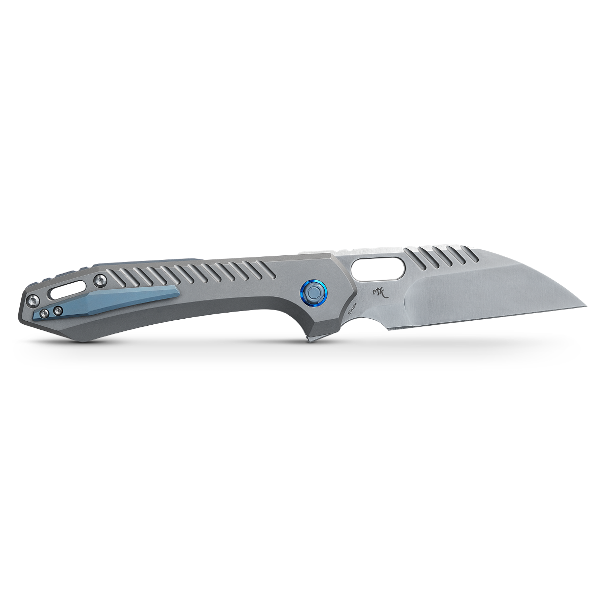 WMK Exclusive Vosteed RSKAOS Folding Knife - Gray Titanium Handle with Blue Hardware & ELMAX Wharncliffe Blade | EDC, Outdoor, Camping, Survival Gear