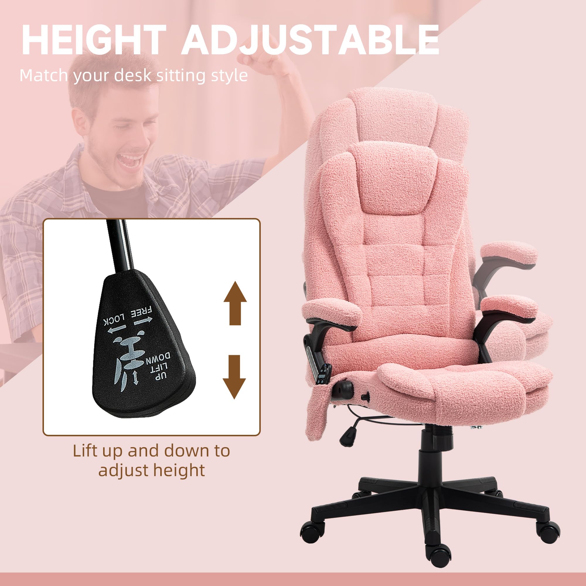 HOMCOM 6-Point Vibrating Massage Office Chair with Heating - Velvet High Back Executive Chair, Reclining Backrest, Padded Armrests & Remote Control (Pink) - Perfect for Home Office, Gaming & Relaxation
