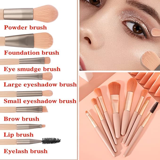 VishBin 8PCS Professional Makeup Brush Set with Travel Bag - Synthetic Bristle Wooden Handle Foundation Blush Eyeshadow Brushes Kit for Face Makeup | Perfect for Travel, Daily Use & Professional Makeup Artists