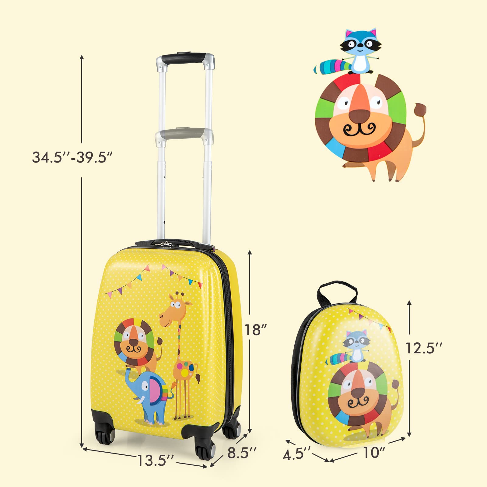 Olakids Kids Luggage Set - 12’’ Travel Backpack & 18’’ Wheeled Carry-On Suitcase for Boys & Girls, 2-Piece Spinner Trolley Set with Wheels, Perfect Gift for Toddlers (Yellow Lion) - Ideal for Air Travel, Road Trips & School Use