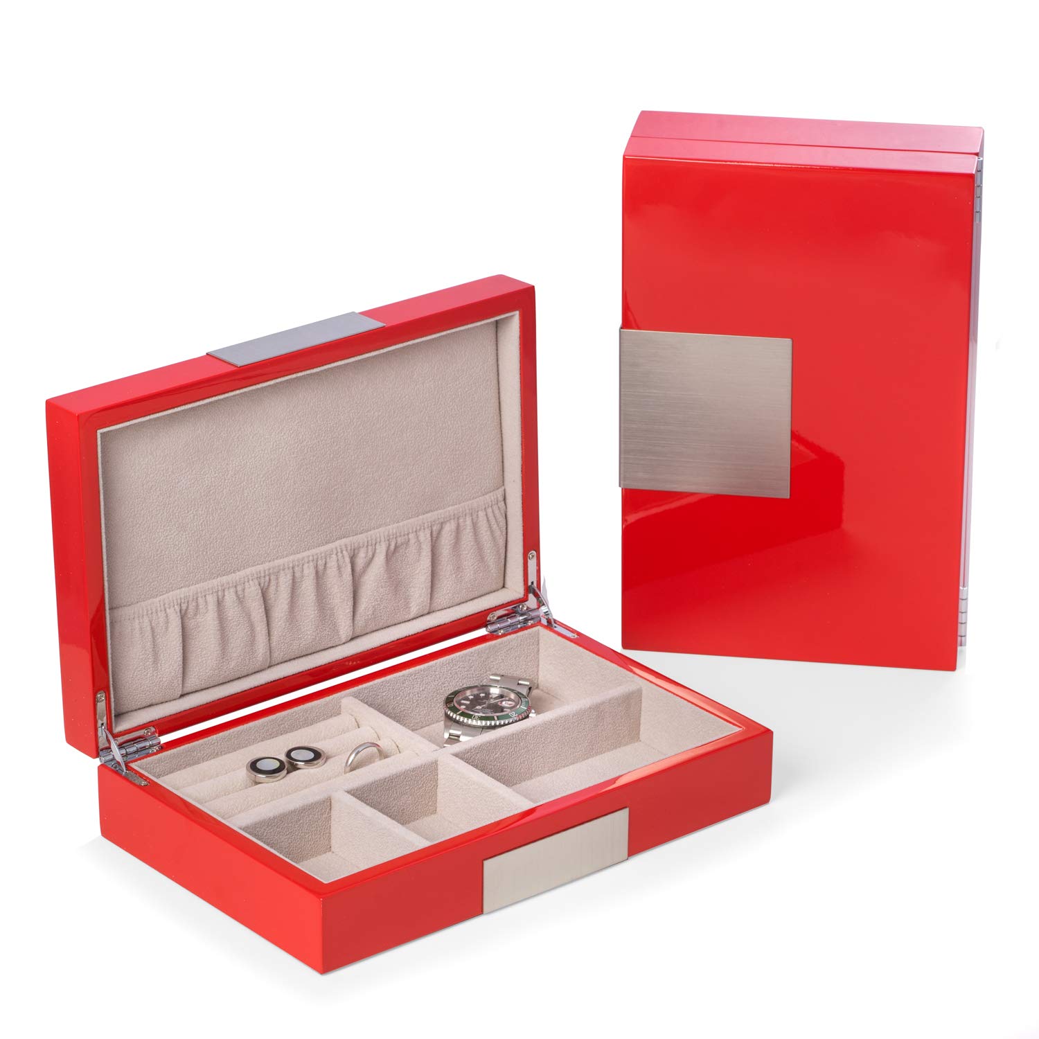 Bey-Berk Personalized Italian Wood Valet Box - High Gloss Lacquered Red - Perfect for Jewelry, Watch & Key Storage - Luxury Gift for Men & Home Decor
