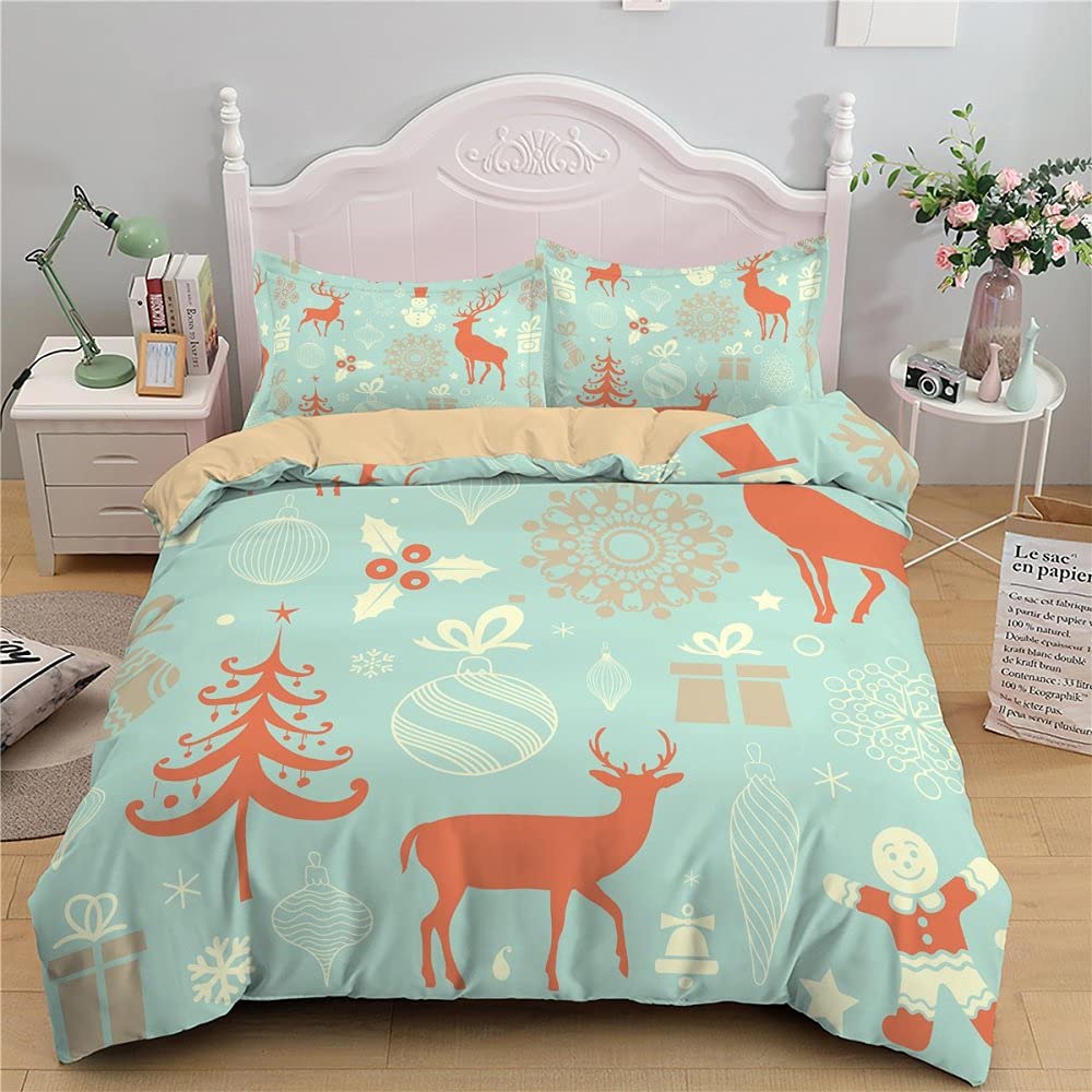 Christmas Reindeer Snowflake Print Duvet Cover Set - 3Pcs Queen Size Holiday Bedding with Pillowcases | Cozy Winter Themed Comforter Cover for Adults & Kids | Perfect for Festive Home Decor, Guest Rooms & Seasonal Bedroom Makeover (Green, Full 200x230cm)