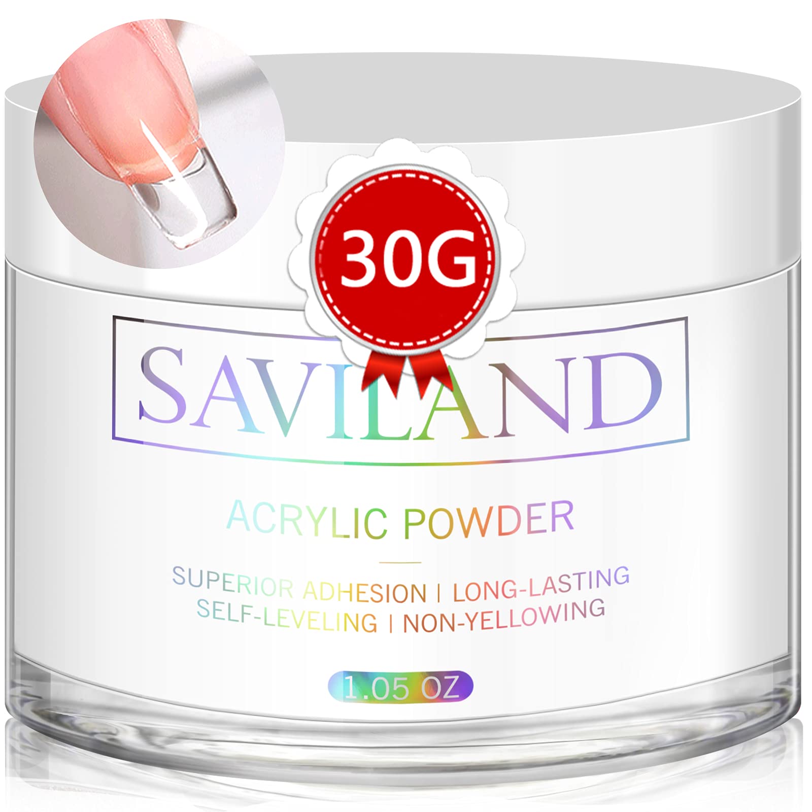 Saviland Clear Acrylic Powder 30g - Professional Nail Extension Powder for Strong & Durable Acrylic Nails | 3D Nail Art Polymer Powder | No UV Lamp Needed | Perfect for Salon, DIY Manicures & Nail Art Designs