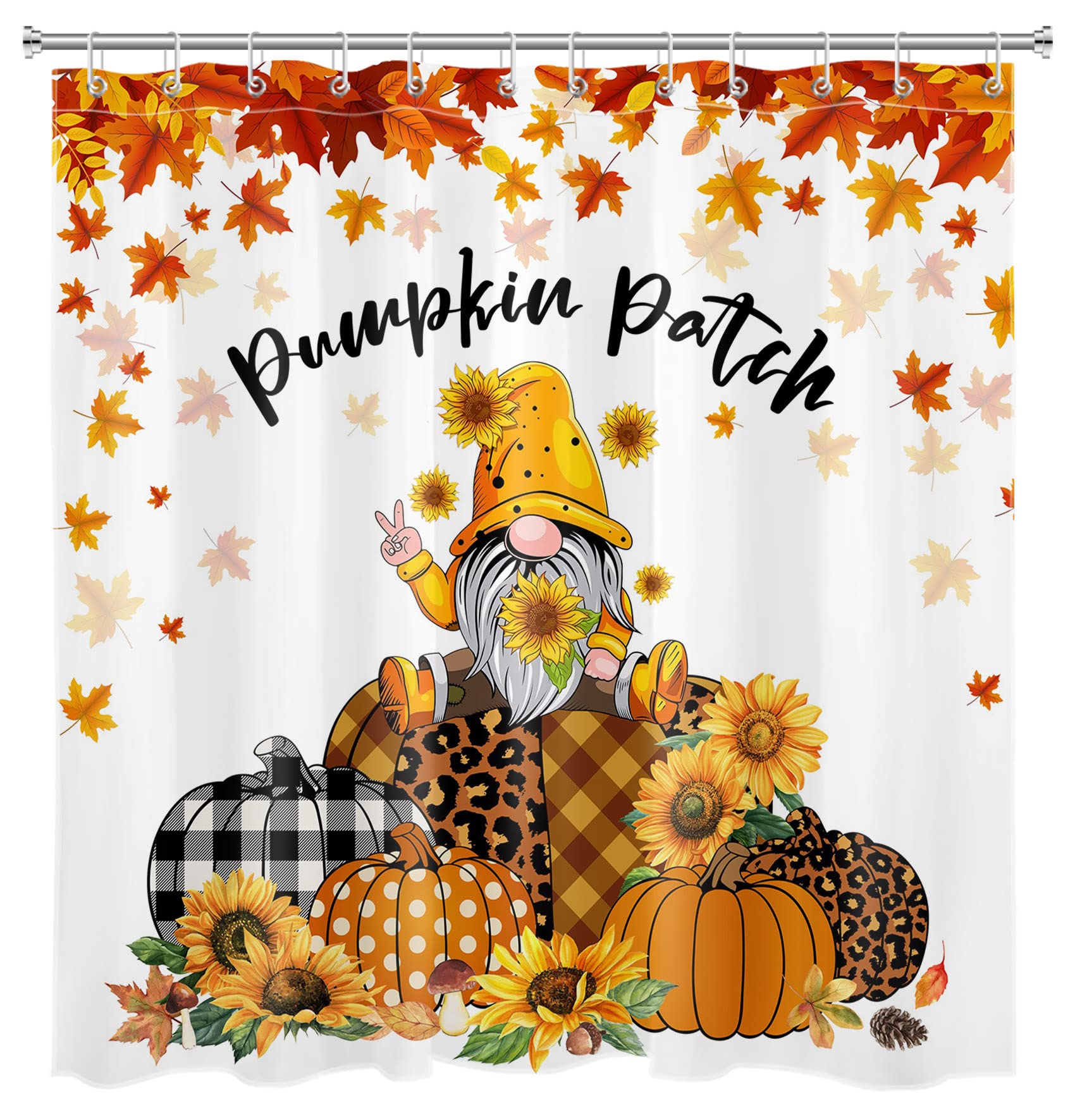 ECOTOB Farmhouse Pumpkin Shower Curtain - Gnome & Autumn Pumpkins with Falling Maple Leaves Design, 72x72 Inch Bathroom Decor for Fall Season | Perfect for Thanksgiving, Halloween, and Cozy Autumn Bathroom Makeover