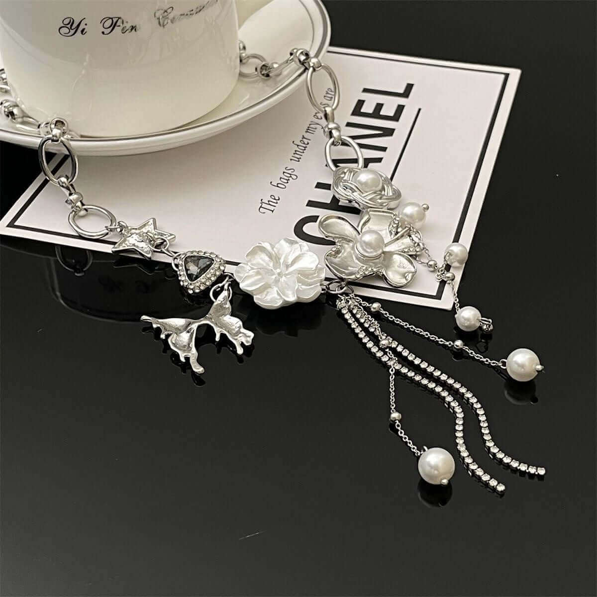 Y2K Metallic Butterfly Pearl Choker Necklace with Tassel - Vintage 90s Retro Fashion Jewelry for Women | Perfect for Parties, Concerts & Festivals